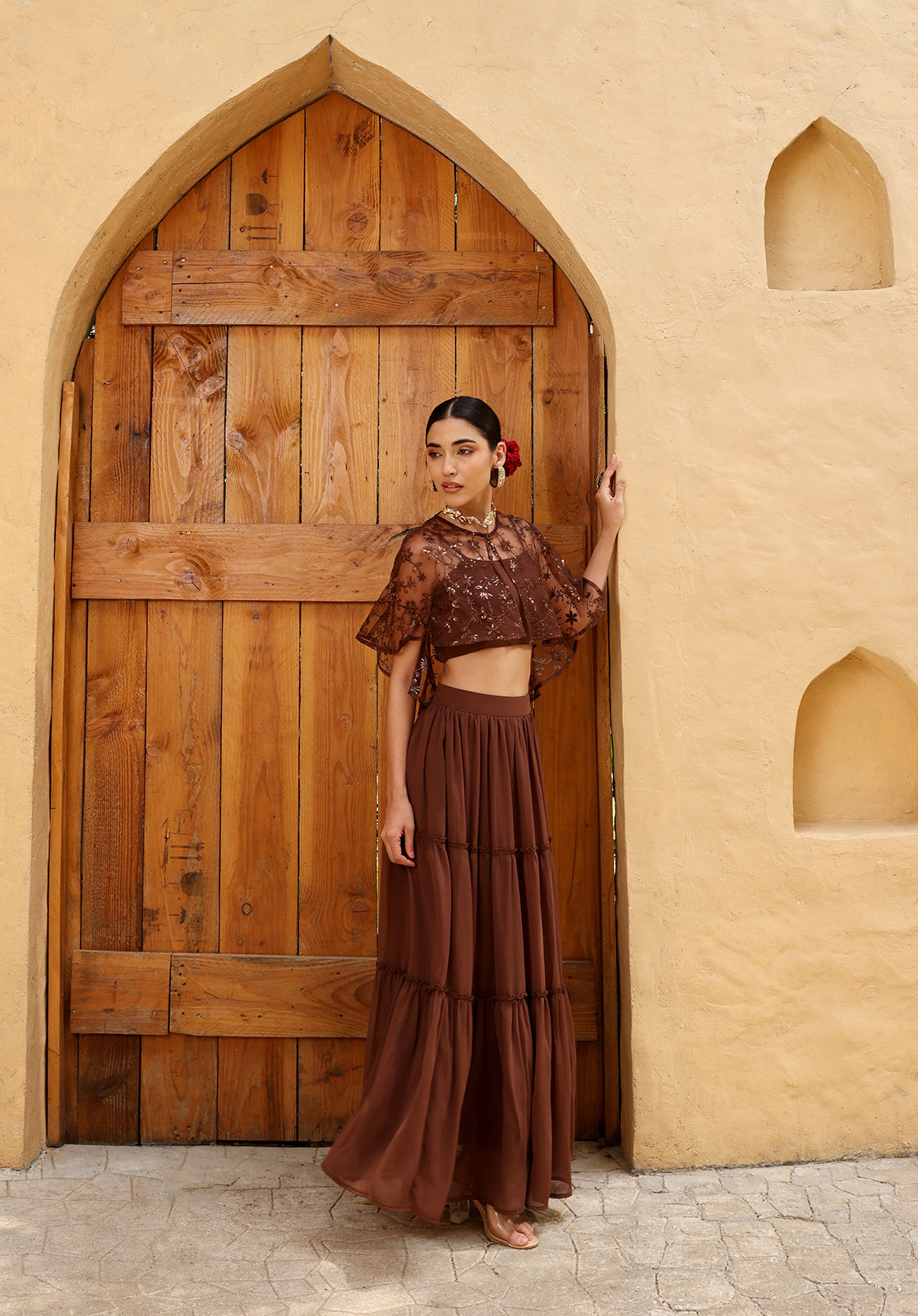 Brown Poly Georgette Cape Set