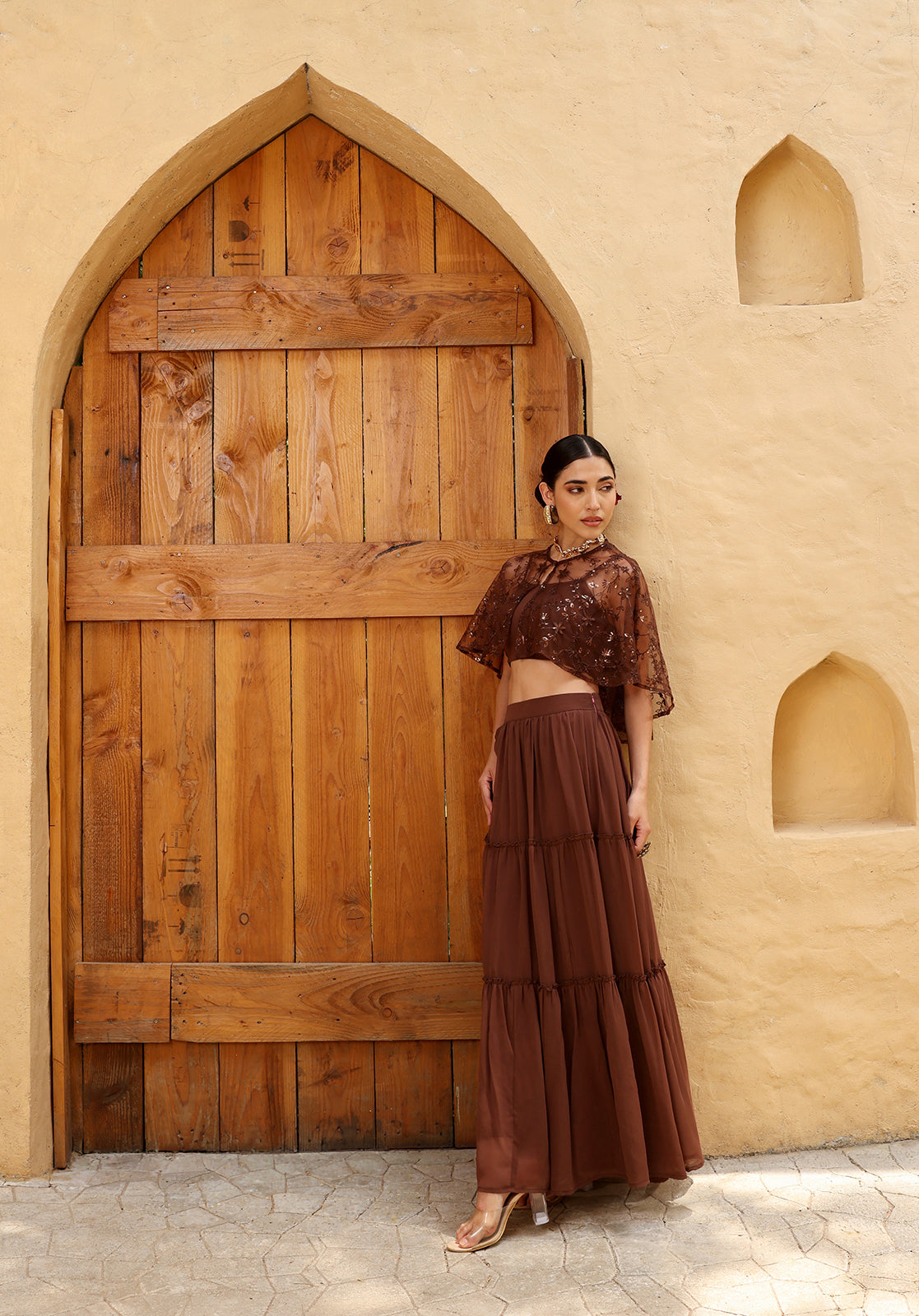 Brown Poly Georgette Cape Set