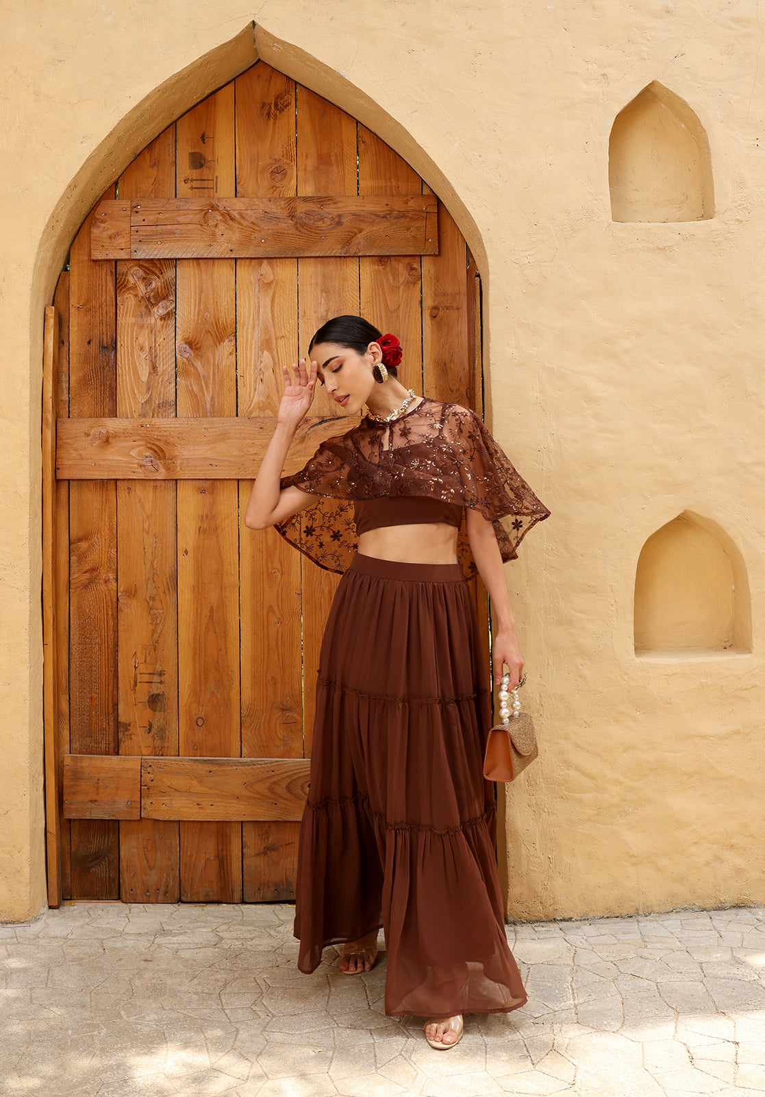 Brown Poly Georgette Cape Set