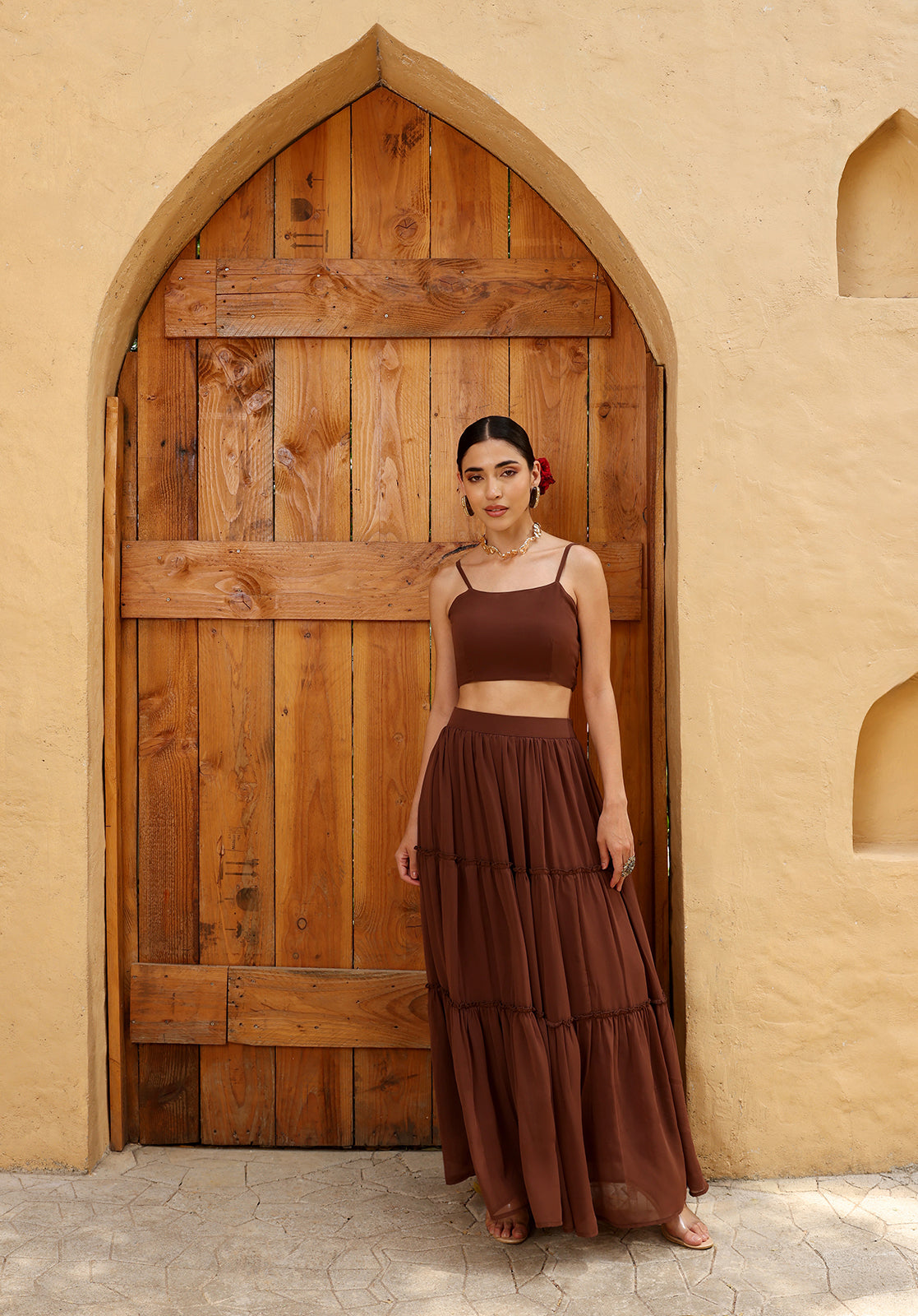 Brown Poly Georgette Cape Set