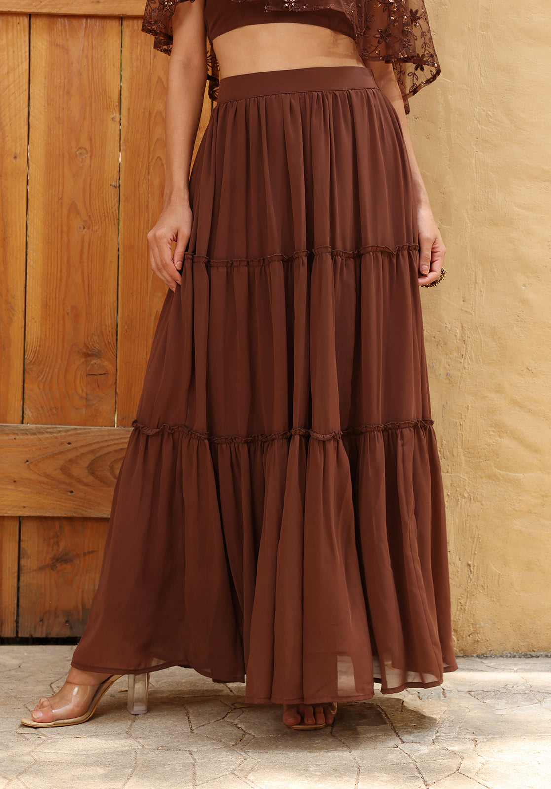 Brown Poly Georgette Cape Set