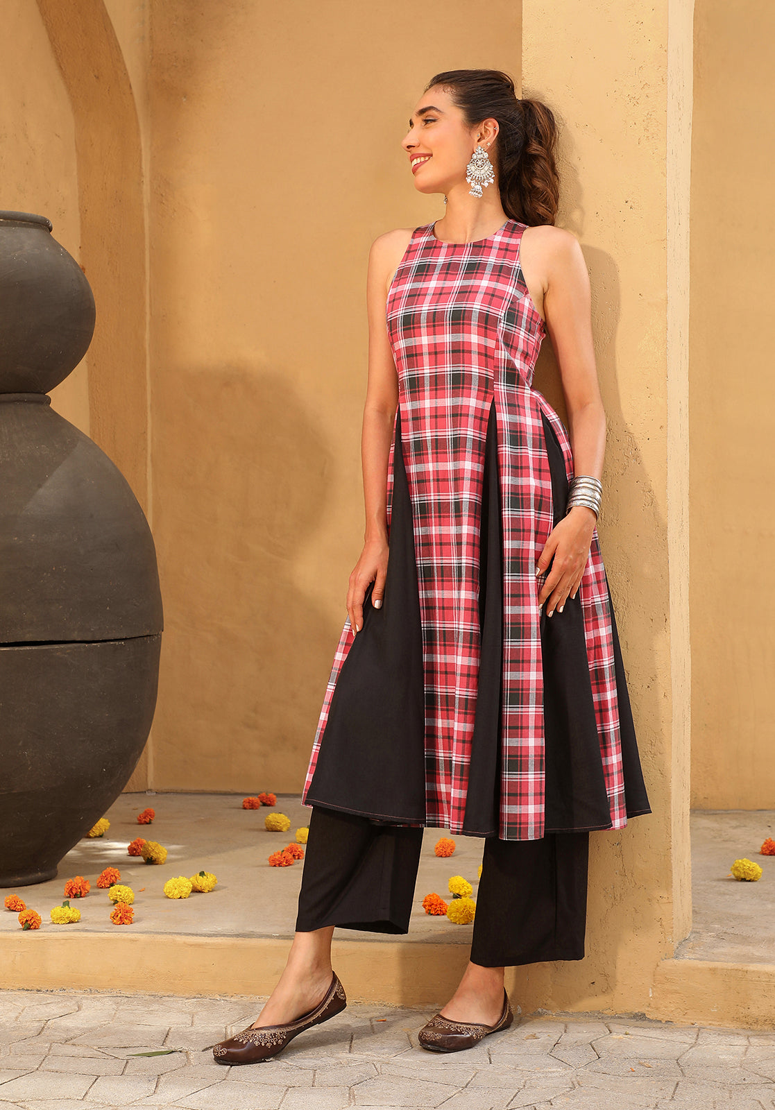 Red Cotton Blend Kurta with Palazzos