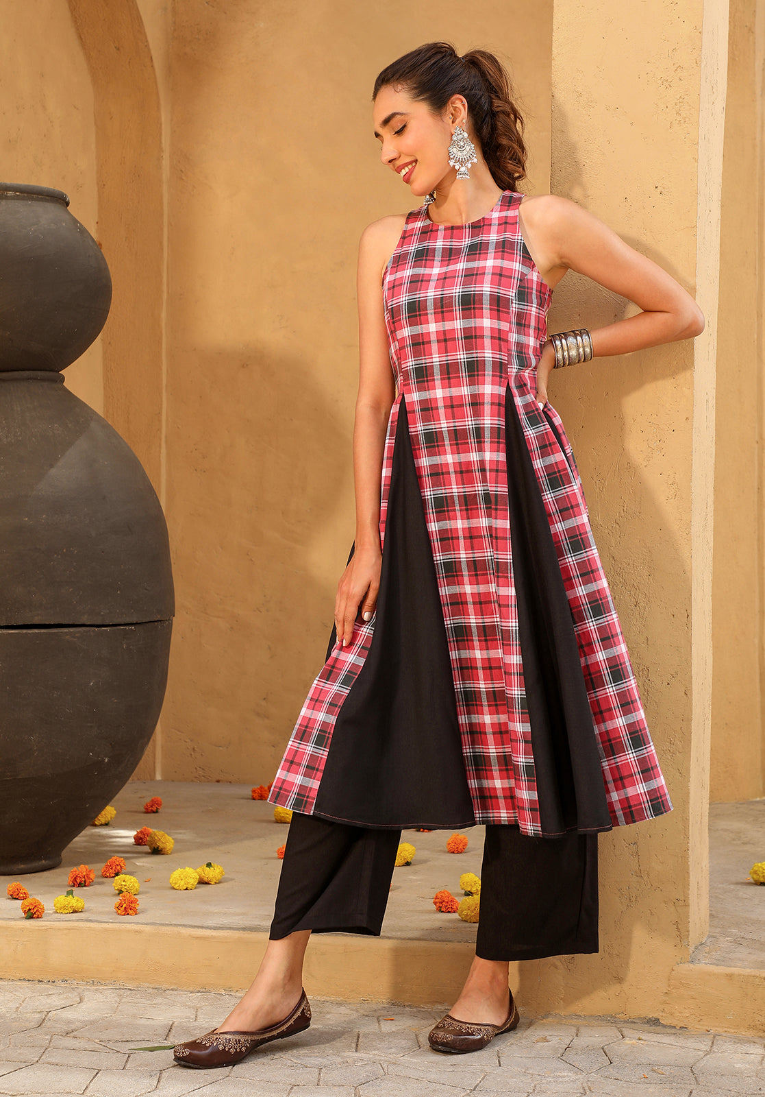 Red Cotton Blend Kurta with Palazzos