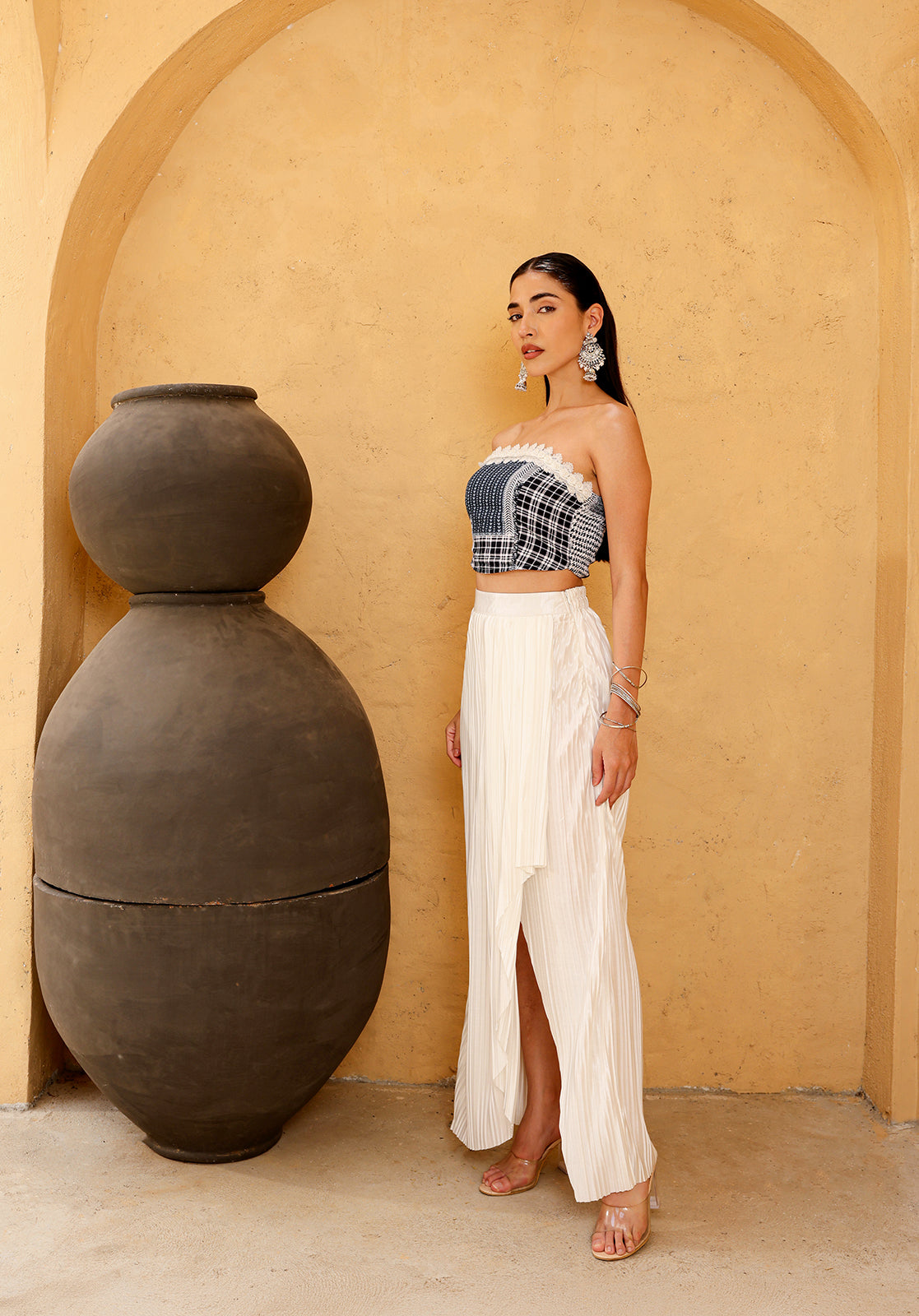 Printed Polyblend Sleeveless Strapless Cream Co-ord Set