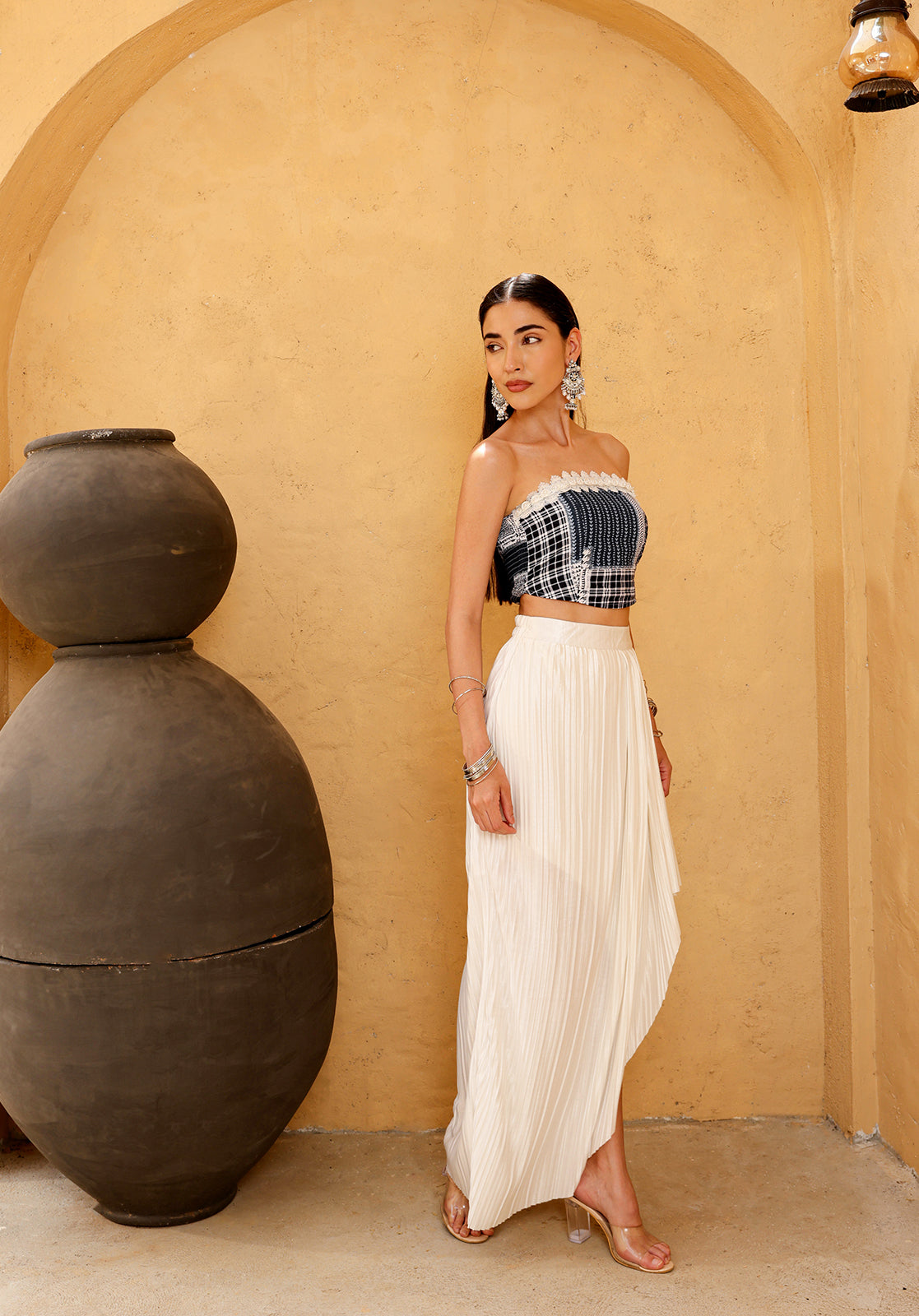 Printed Polyblend Sleeveless Strapless Cream Co-ord Set