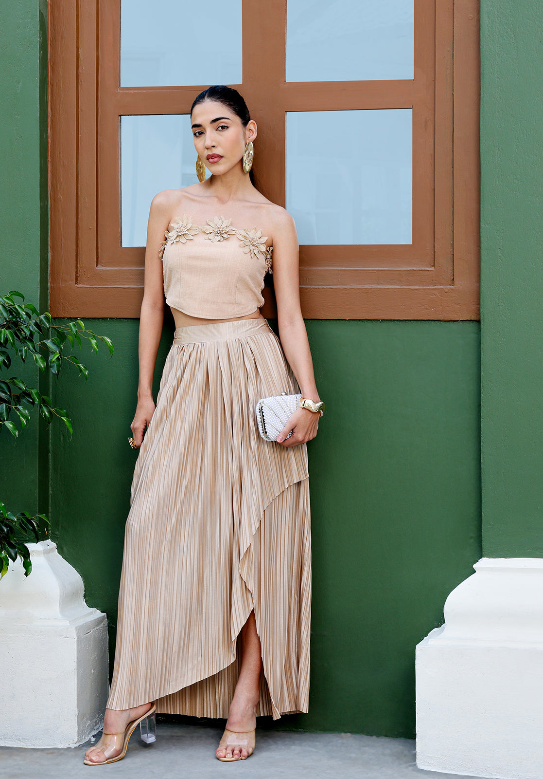 Embellished Polyblend Sleeveless Strapless Beige Co-ord Set