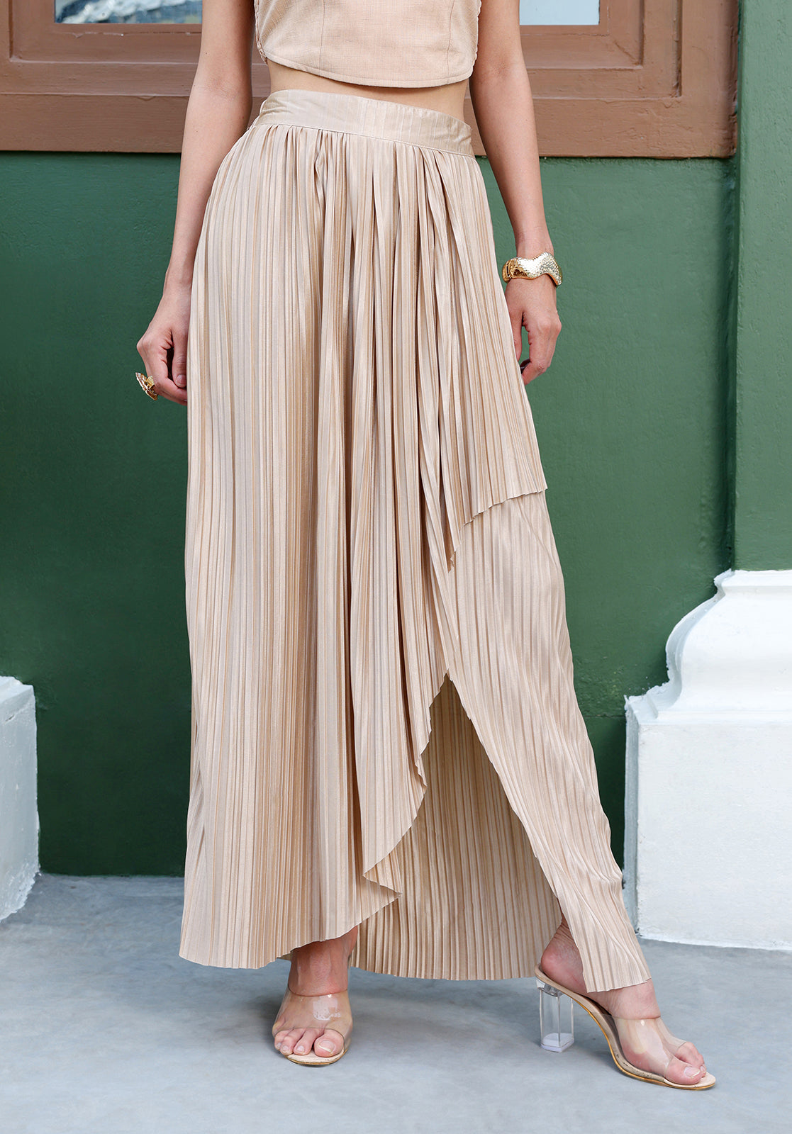 Embellished Polyblend Sleeveless Strapless Beige Co-ord Set