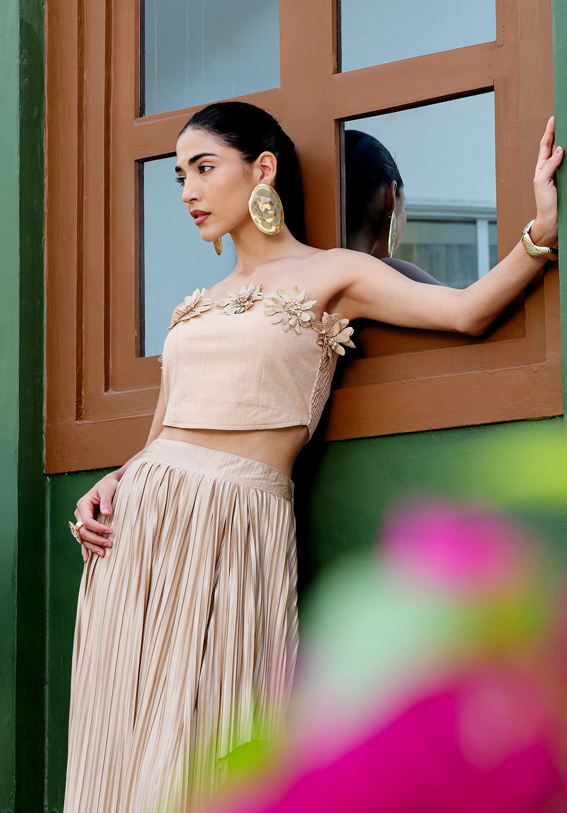 Embellished Polyblend Sleeveless Strapless Beige Co-ord Set