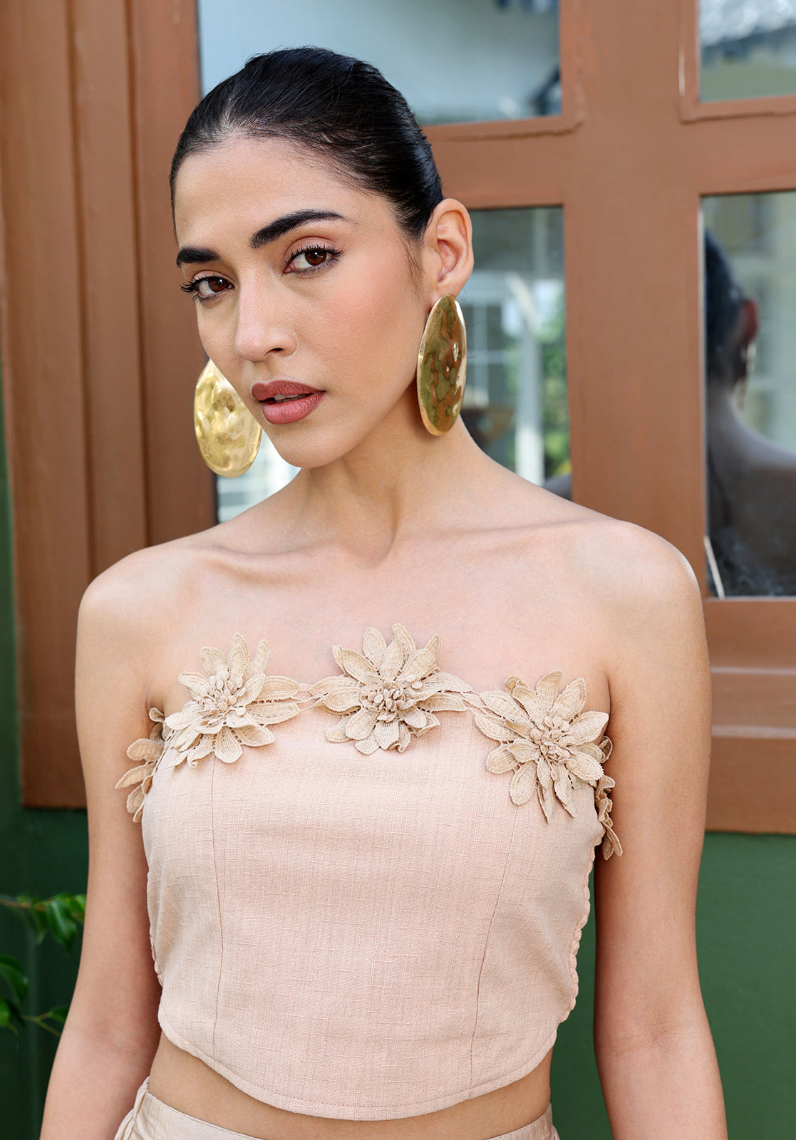 Embellished Polyblend Sleeveless Strapless Beige Co-ord Set