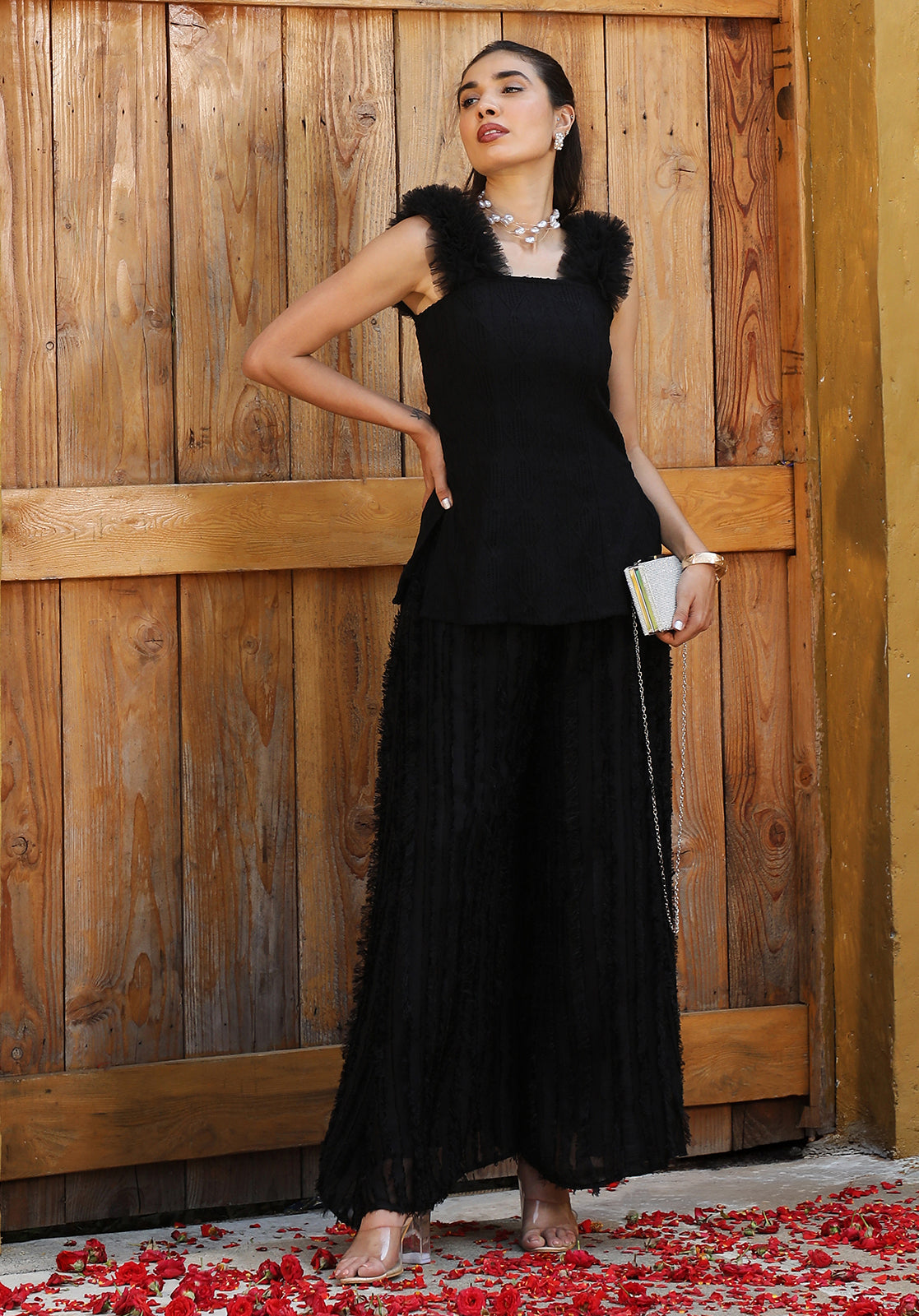 Textured Knitted Sleeveless Square Neck Black Co-ord Set