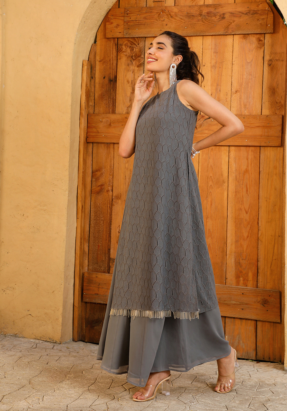 Grey Cotton Blend Geometric Textured Kurta with Palazzos & Dupatta Set