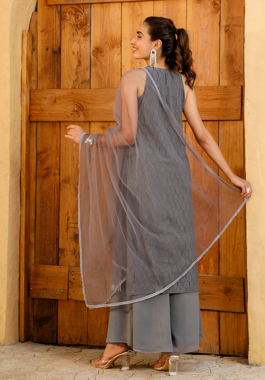 Grey Cotton Blend Geometric Textured Kurta with Palazzos & Dupatta Set