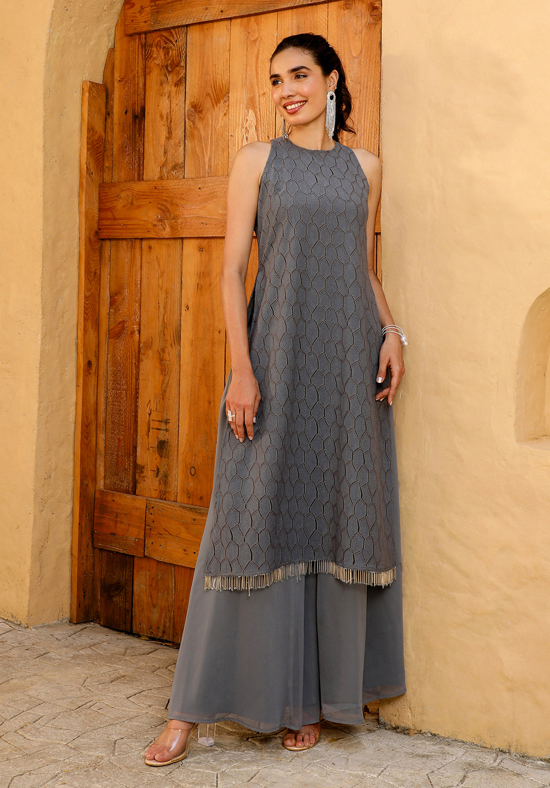 Grey Cotton Blend Geometric Textured Kurta with Palazzos & Dupatta Set