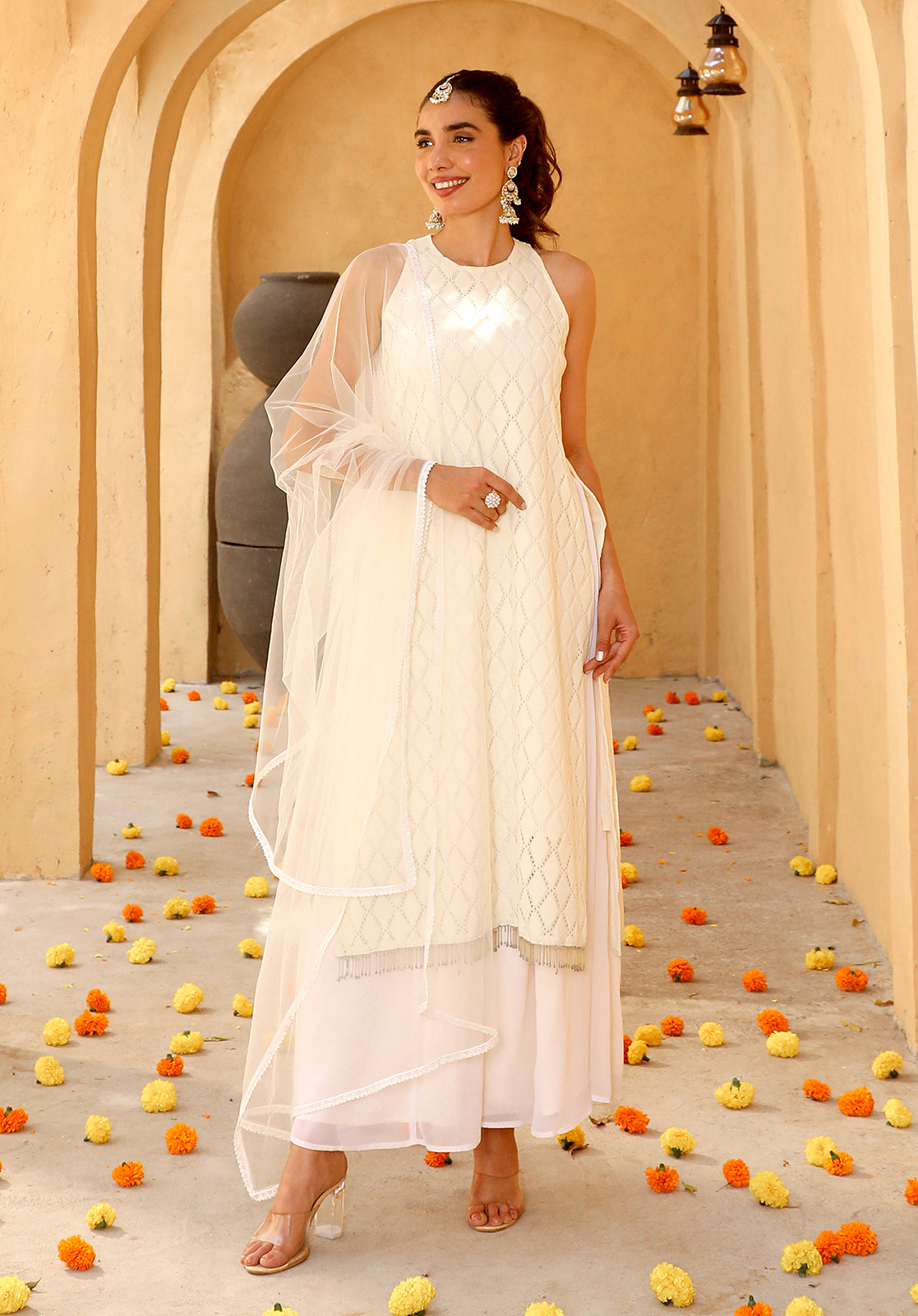 Cream Cotton Blend Kurta Palazzo & Dupatta Set