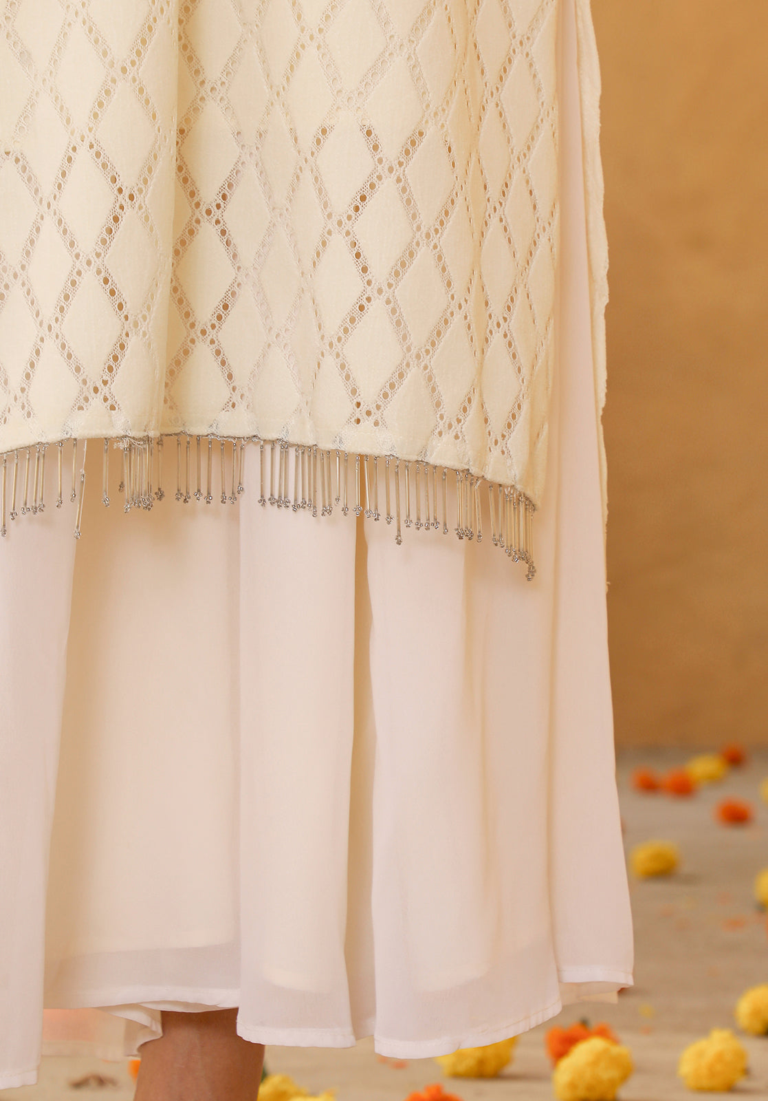 Cream Cotton Blend Kurta Palazzo & Dupatta Set