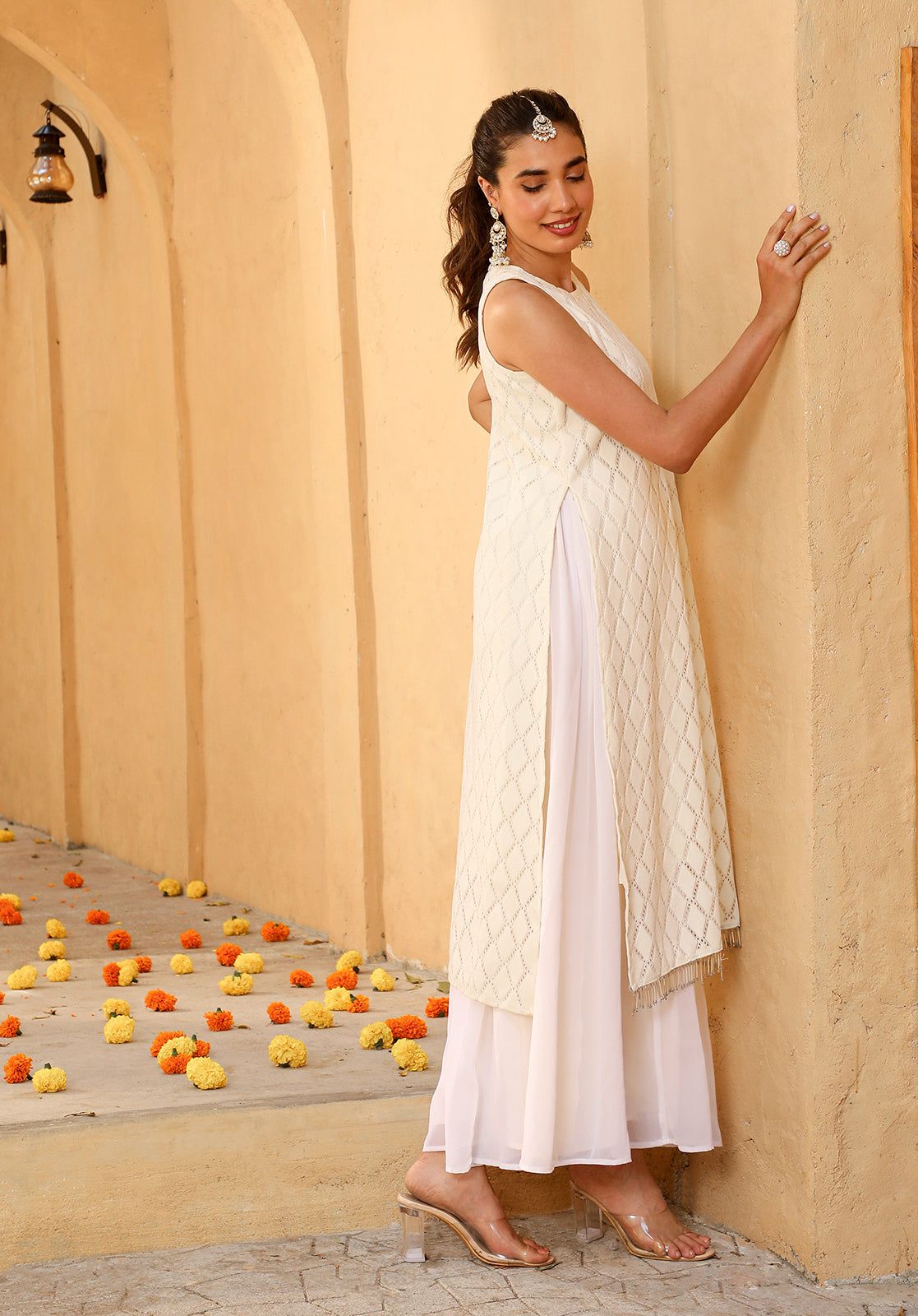 Cream Cotton Blend Kurta Palazzo & Dupatta Set
