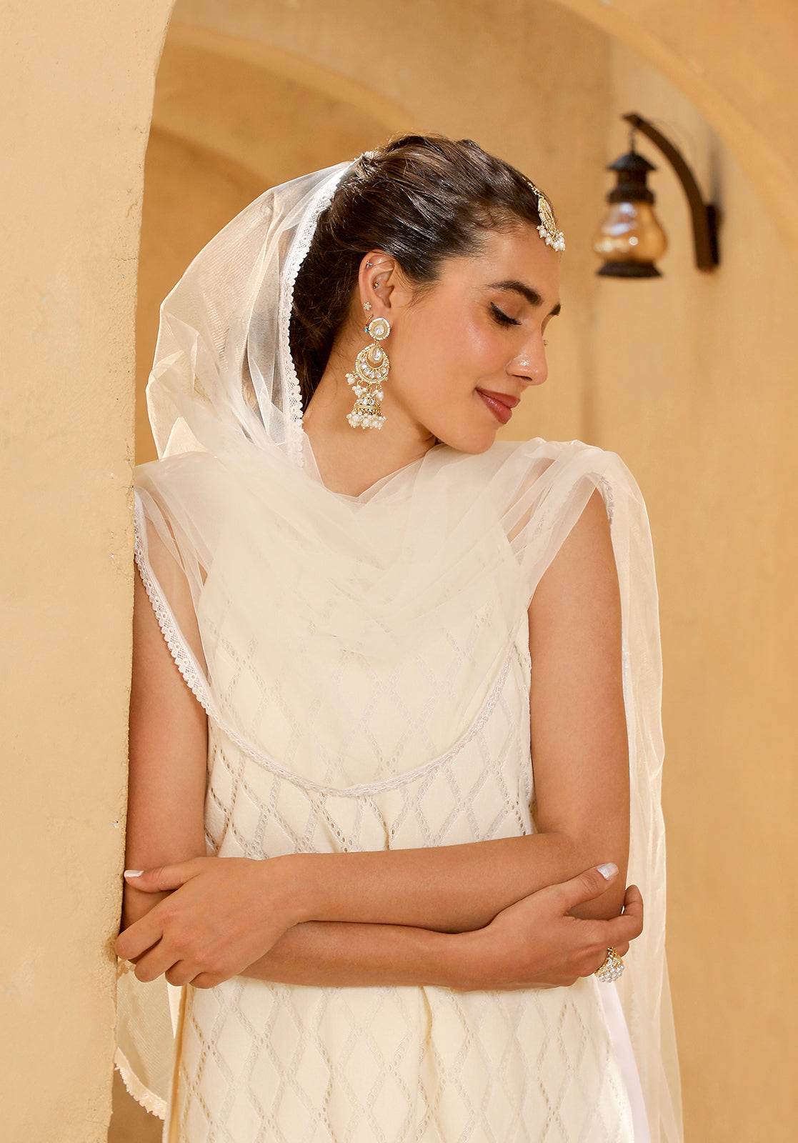 Cream Cotton Blend Kurta Palazzo & Dupatta Set
