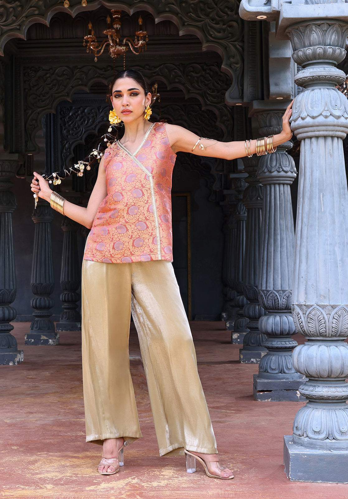 Woven Polysilk Sleeveless V-Neck Peach Co-ord Set