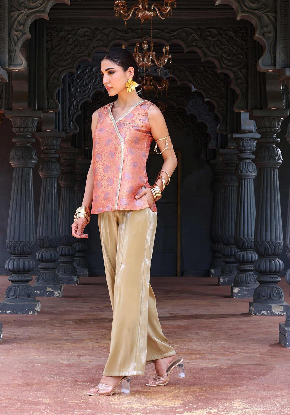 Woven Polysilk Sleeveless V-Neck Peach Co-ord Set