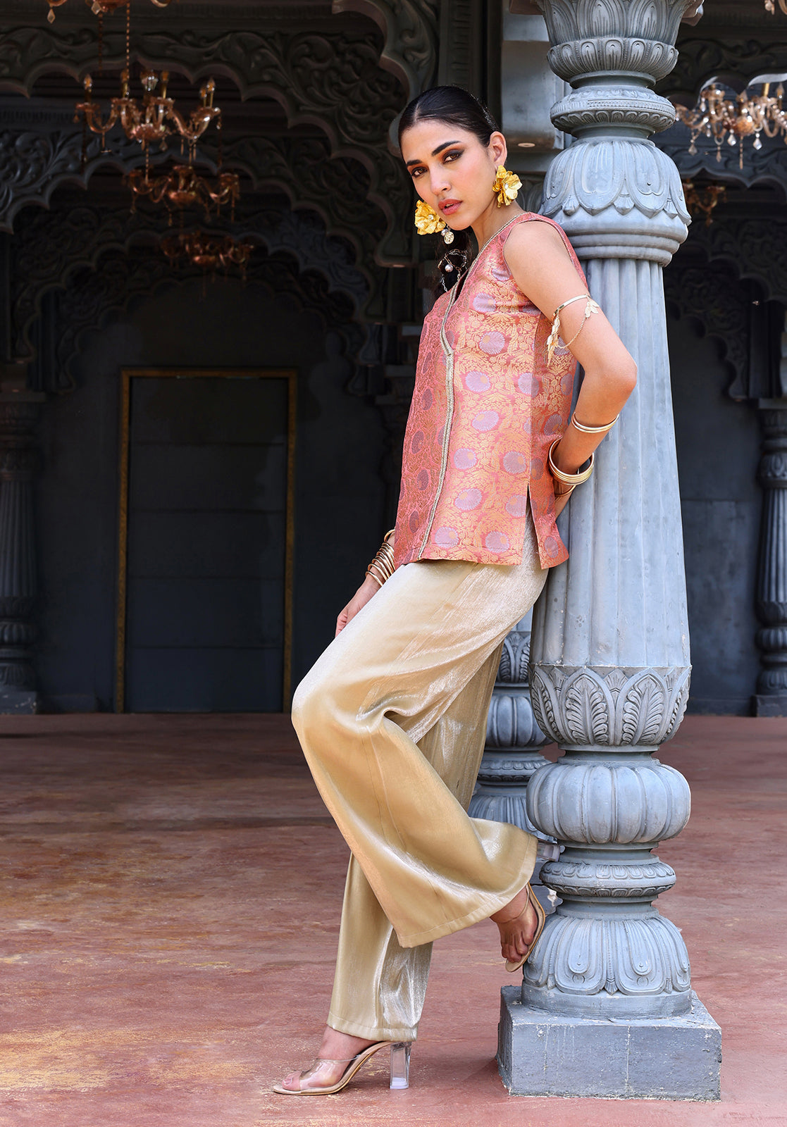 Woven Polysilk Sleeveless V-Neck Peach Co-ord Set