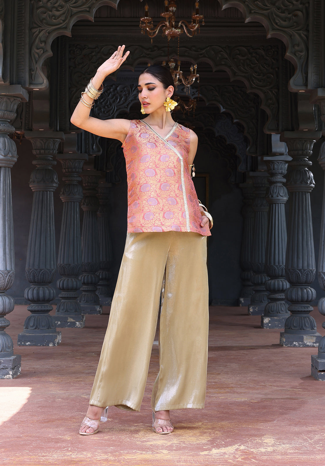Woven Polysilk Sleeveless V-Neck Peach Co-ord Set