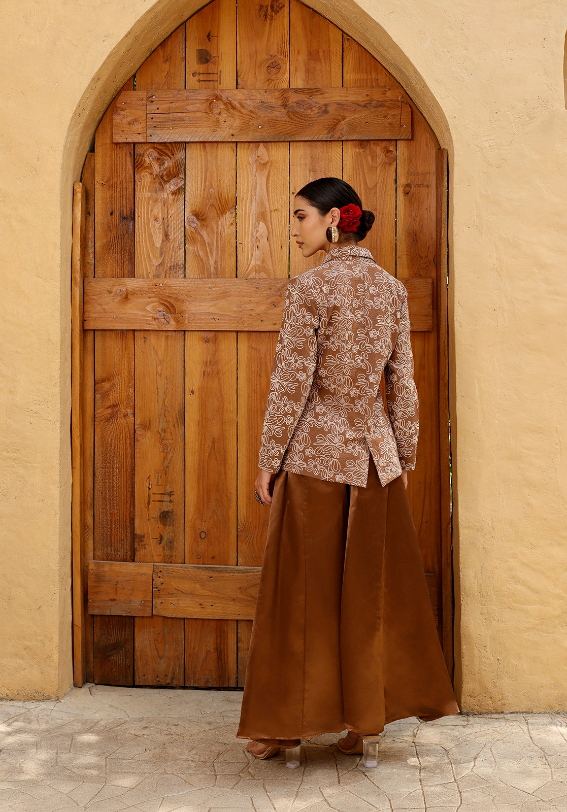 Floral Satin Full Sleeves Shirt Collar Brown Co-ord Set