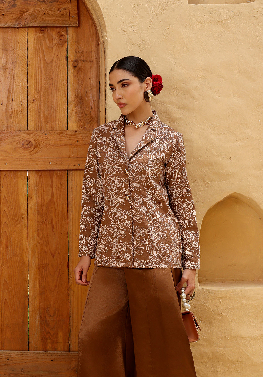 Floral Satin Full Sleeves Shirt Collar Brown Co-ord Set