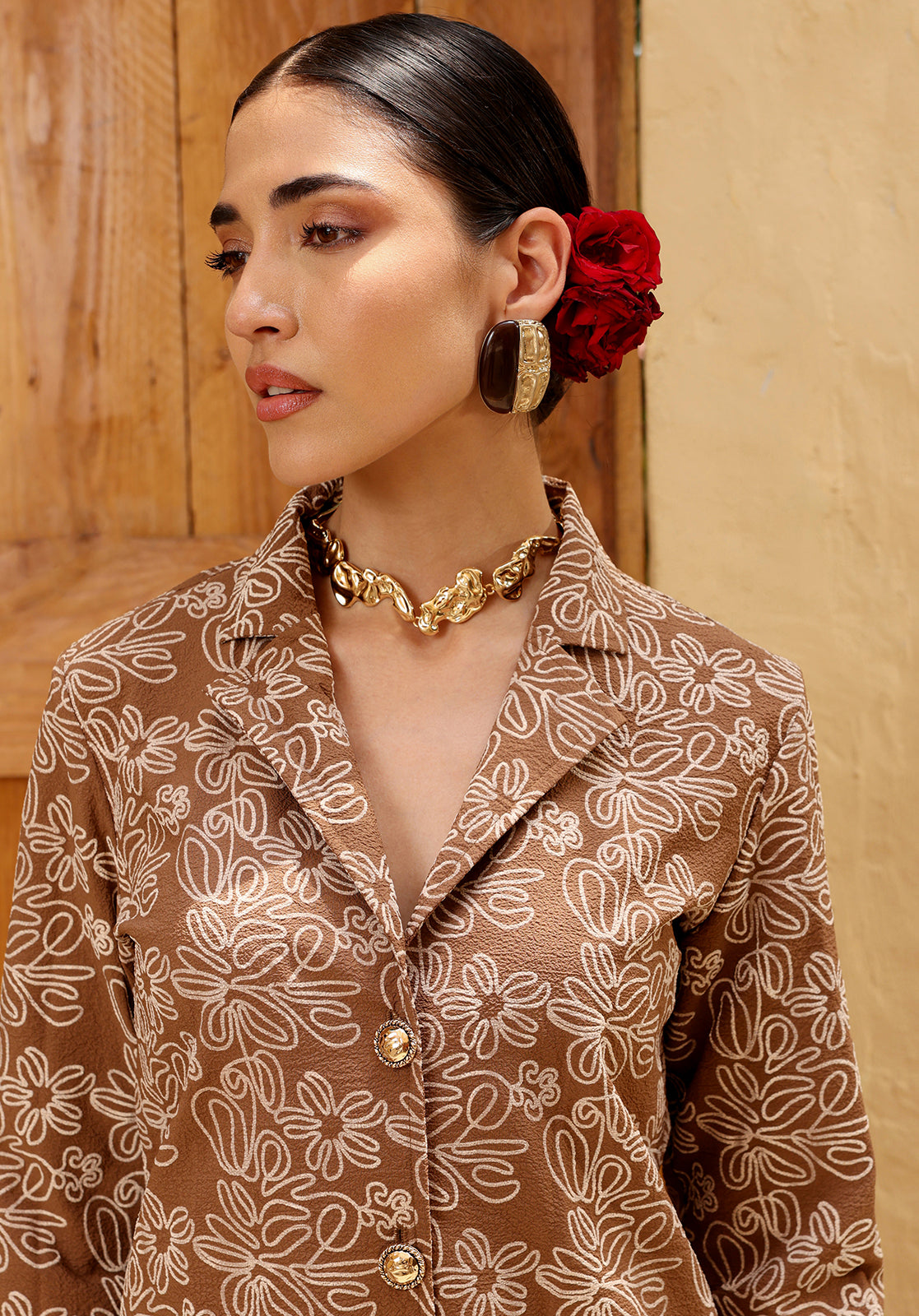 Floral Satin Full Sleeves Shirt Collar Brown Co-ord Set