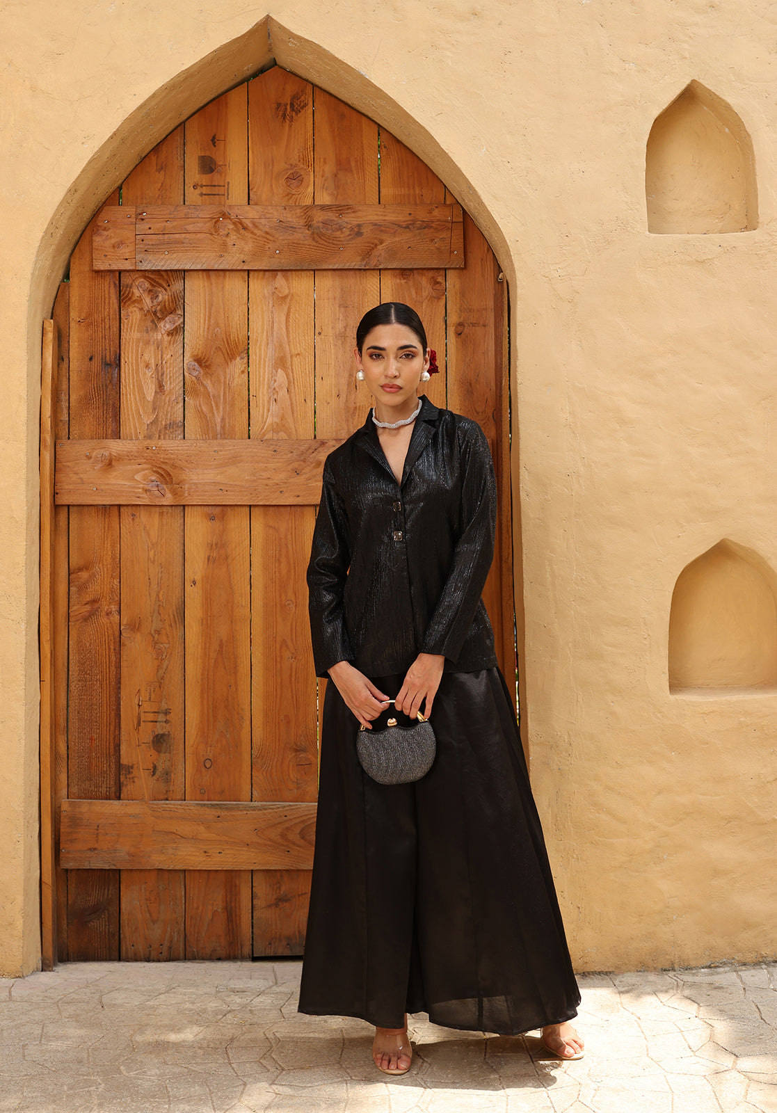 Textured Satin Shirt Collar Long Sleeve Black Co-ord Set