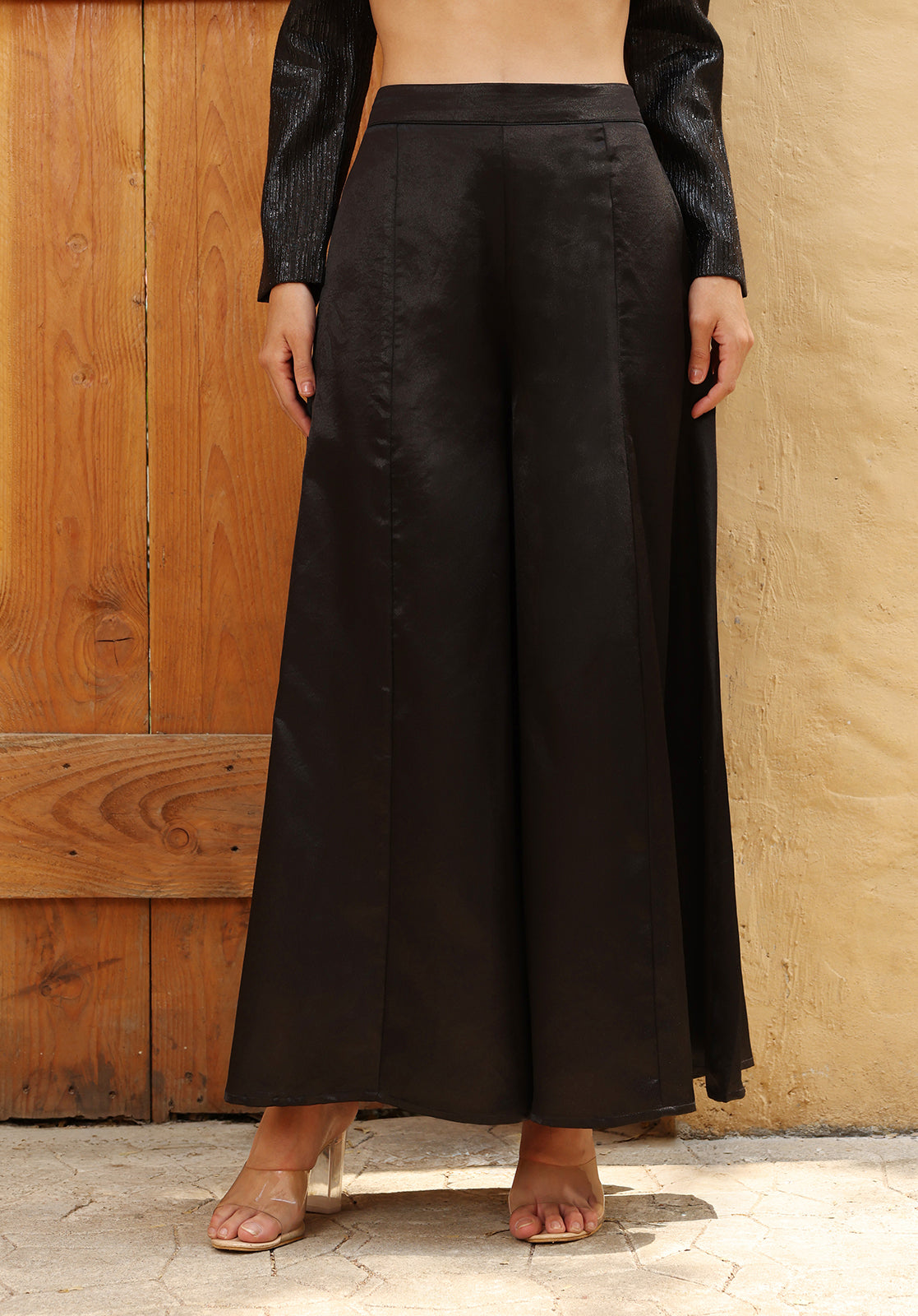 Textured Satin Shirt Collar Long Sleeve Black Co-ord Set