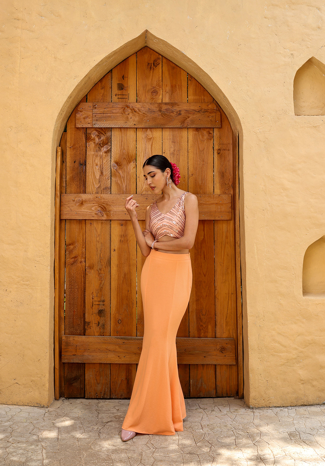 Peach Polyblend Lehenga Choli Set