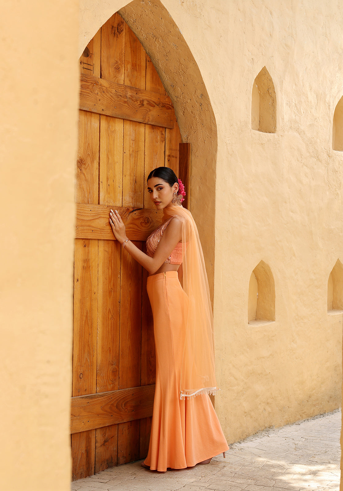 Peach Polyblend Lehenga Choli Set