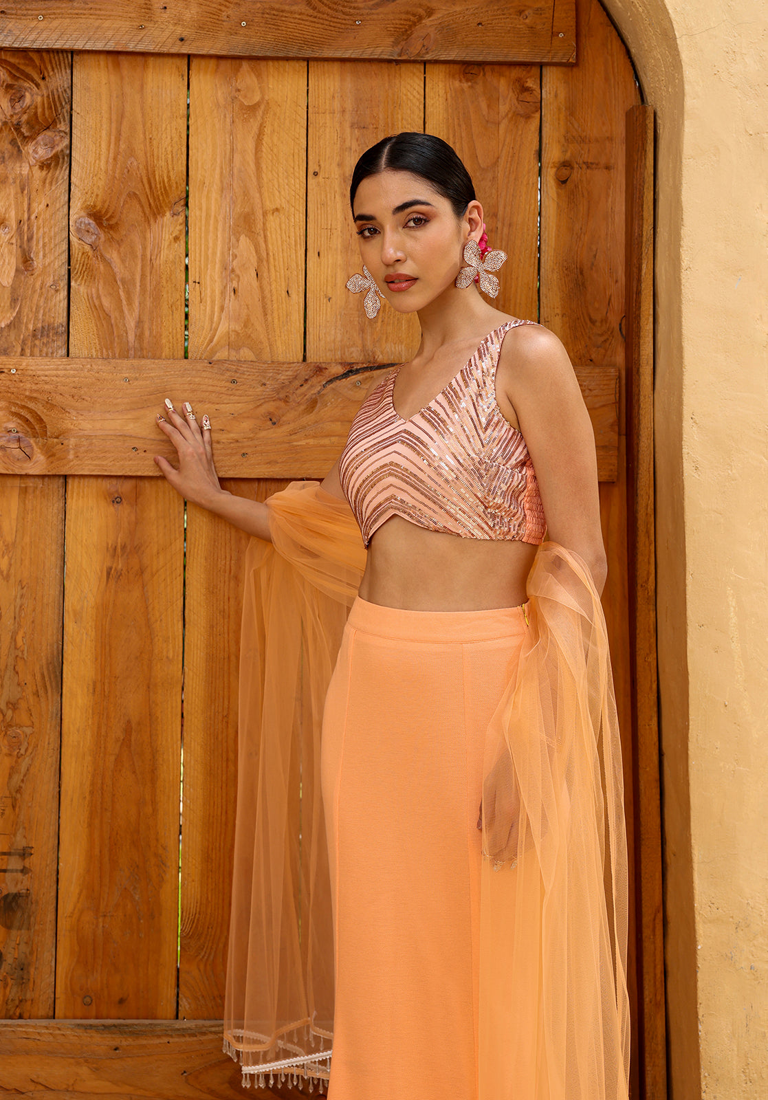 Peach Polyblend Lehenga Choli Set