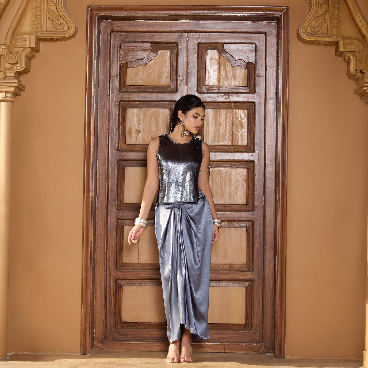 Sequin coord set with pleated skirt