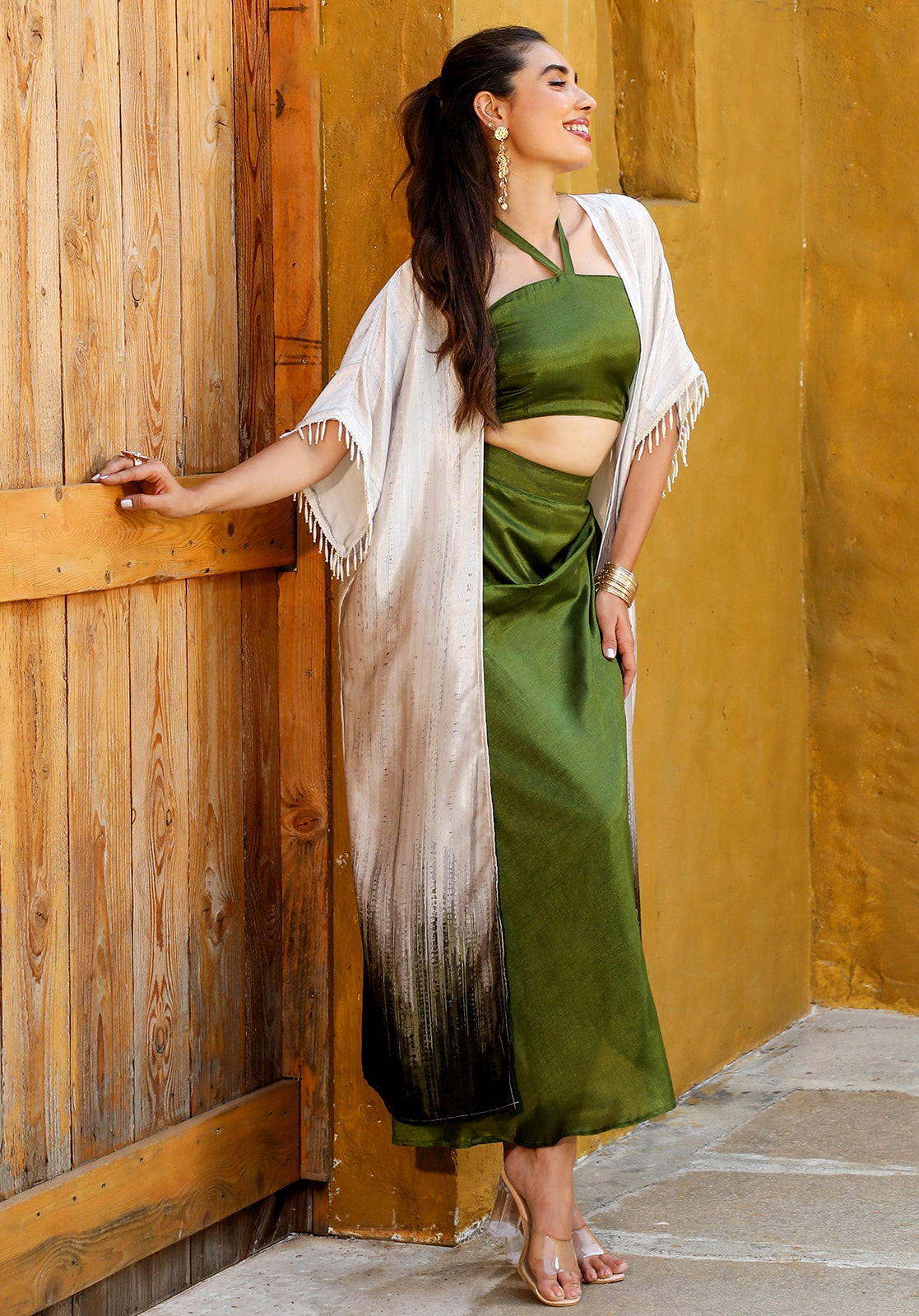 Solid Silk Blend Halter Neck Sleeveless Olive Green Co-ord Set