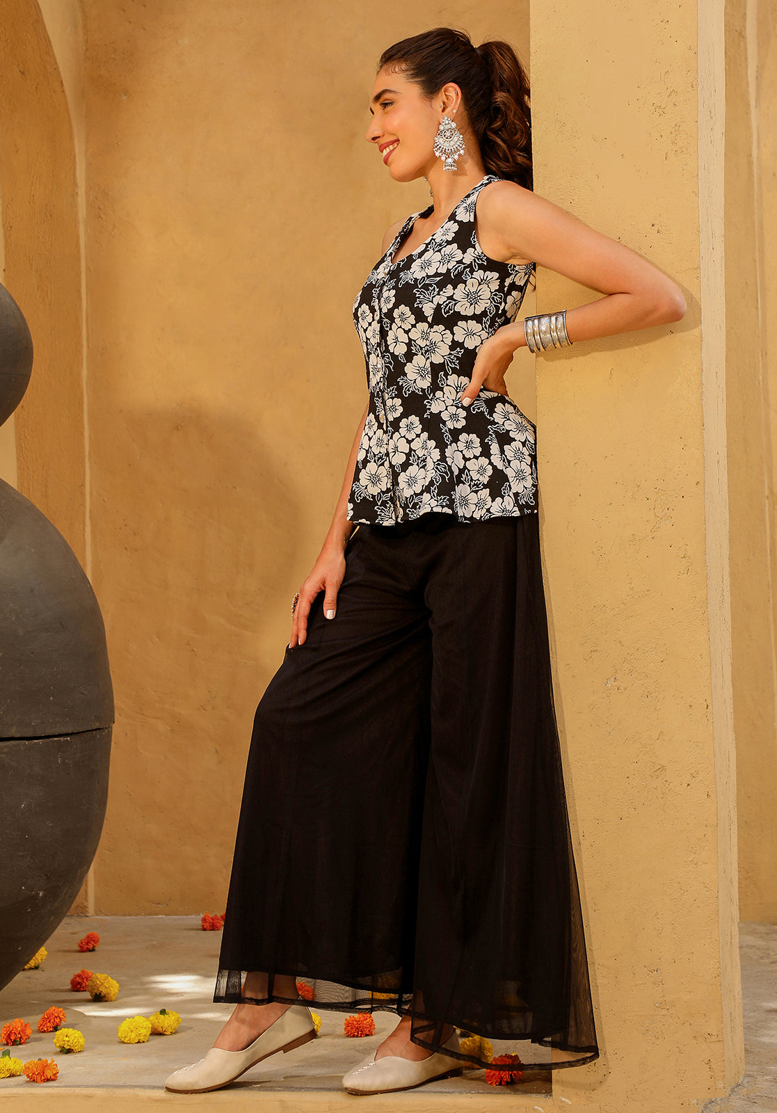 Floral Woven Sleeveless V-Neck Black Co-ord Set