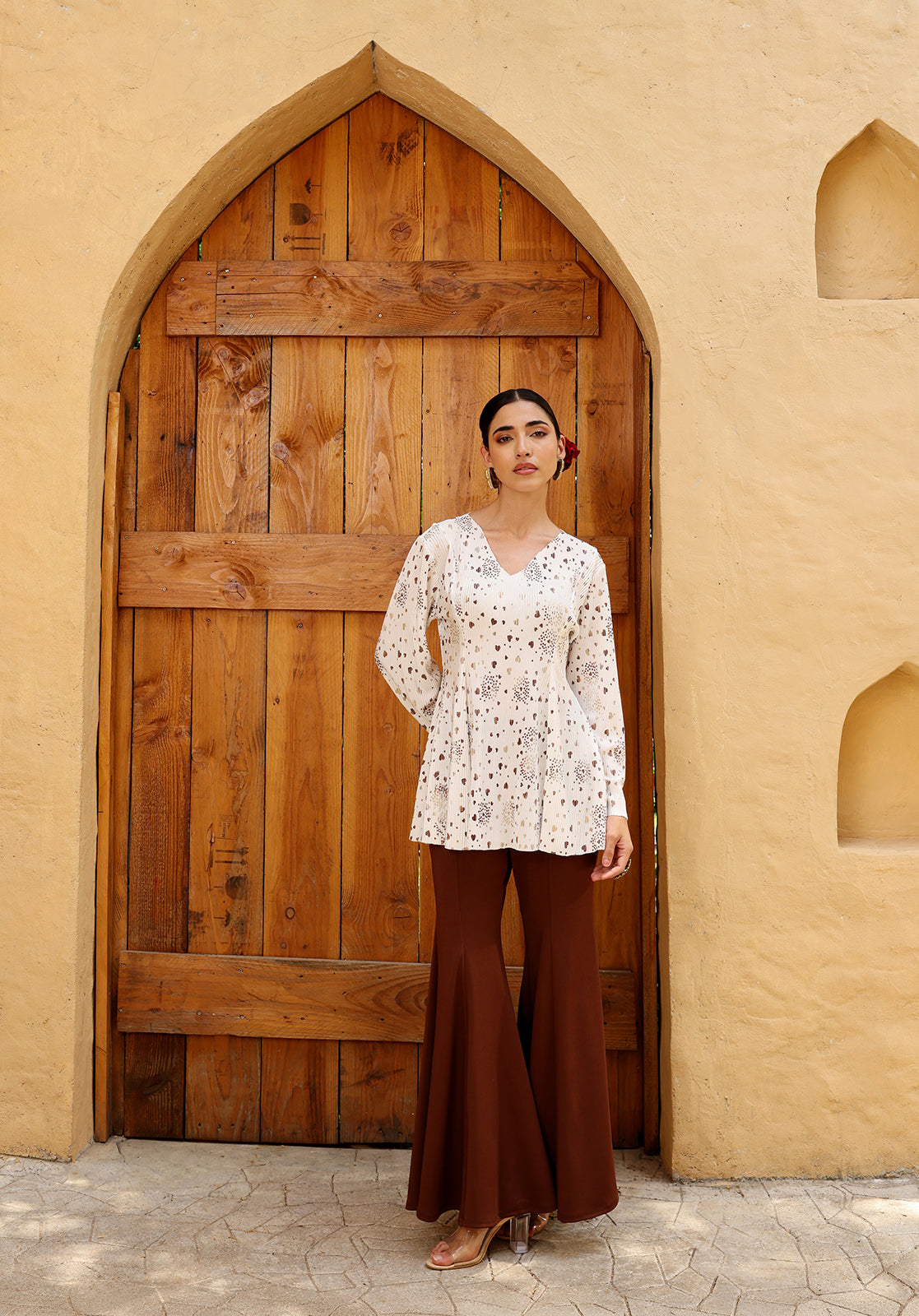 Printed Pleated V-Neck Full Sleeve White Co-ord Set