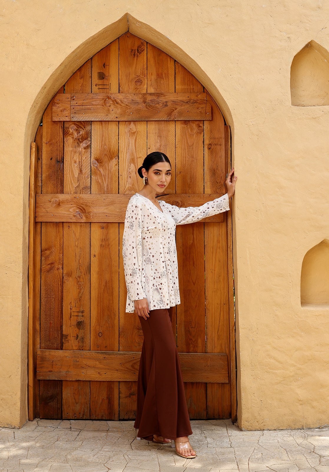 Printed Pleated V-Neck Full Sleeve White Co-ord Set