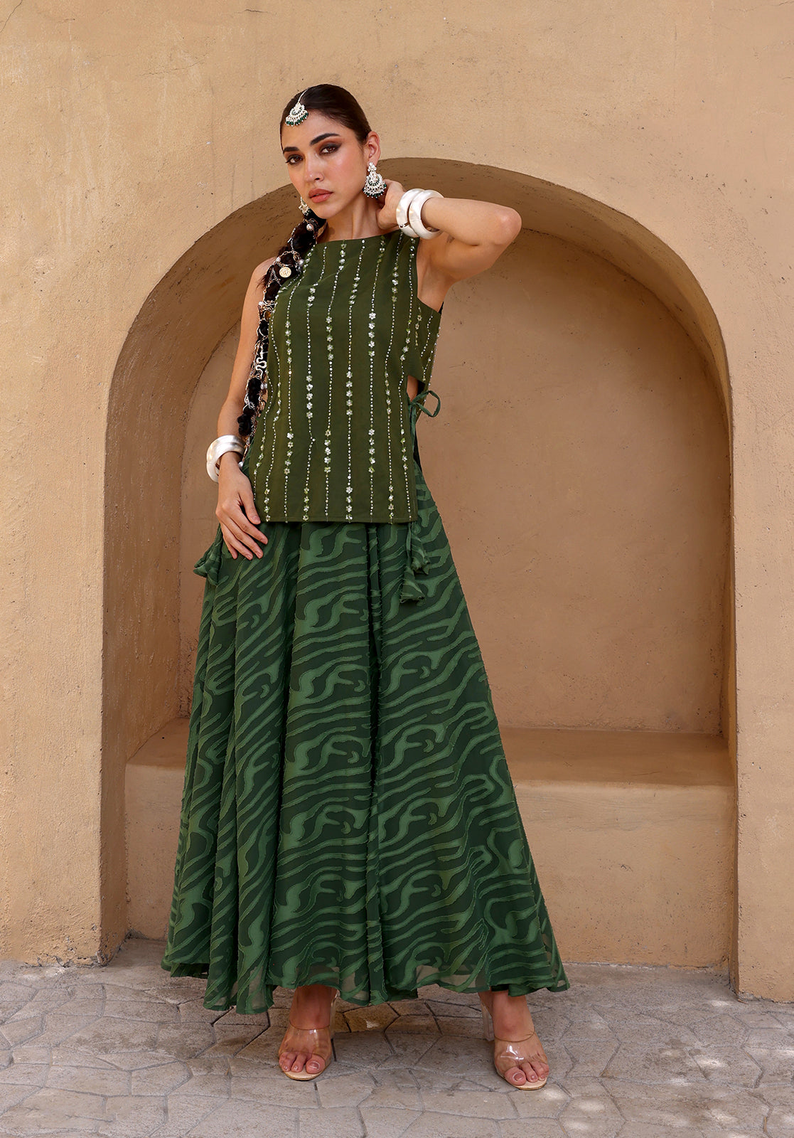 Olive Poly Georgette Co-ord Set