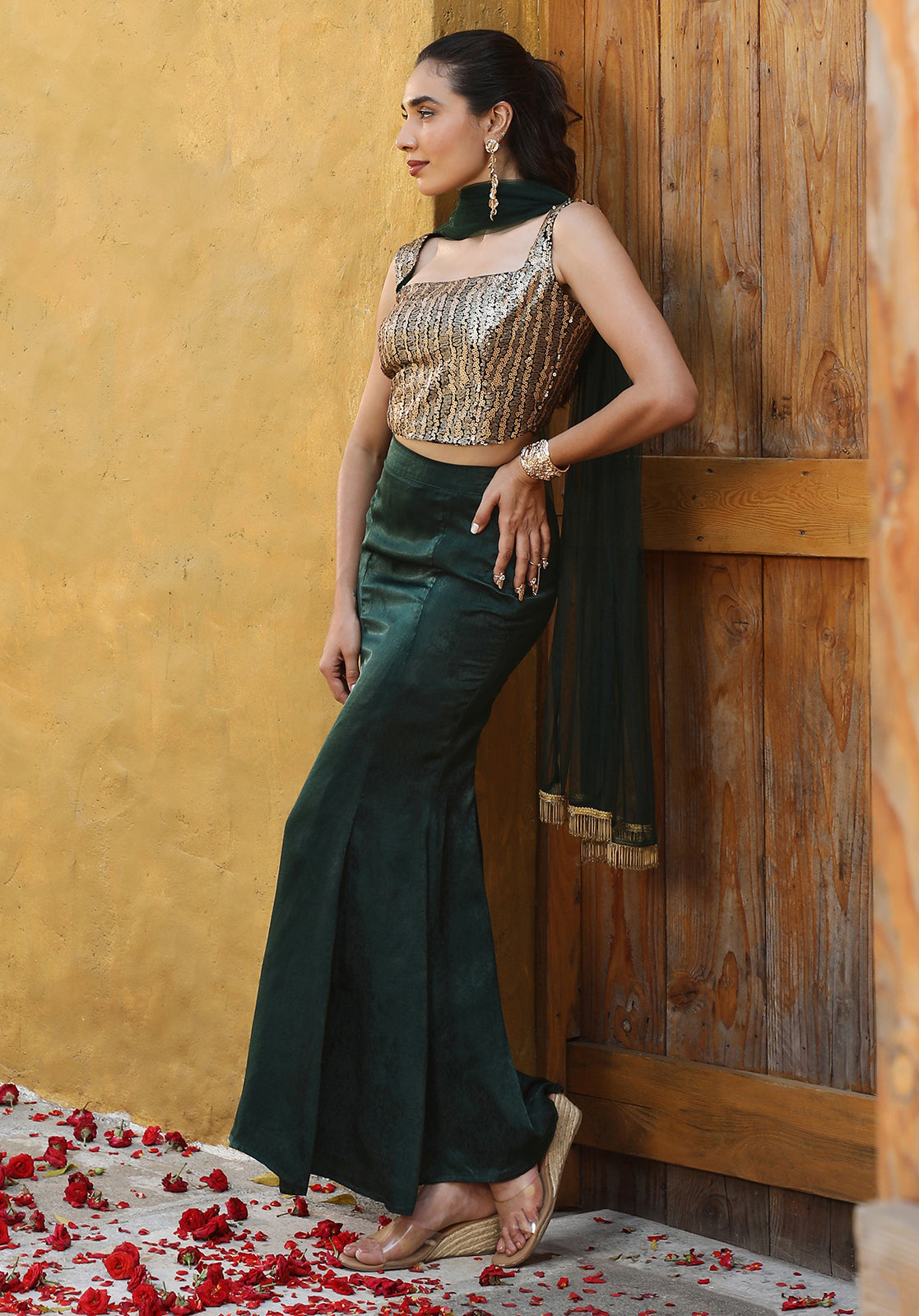 Embellished Silk Blend Sleeveless Square Neck Green Co-ord Set