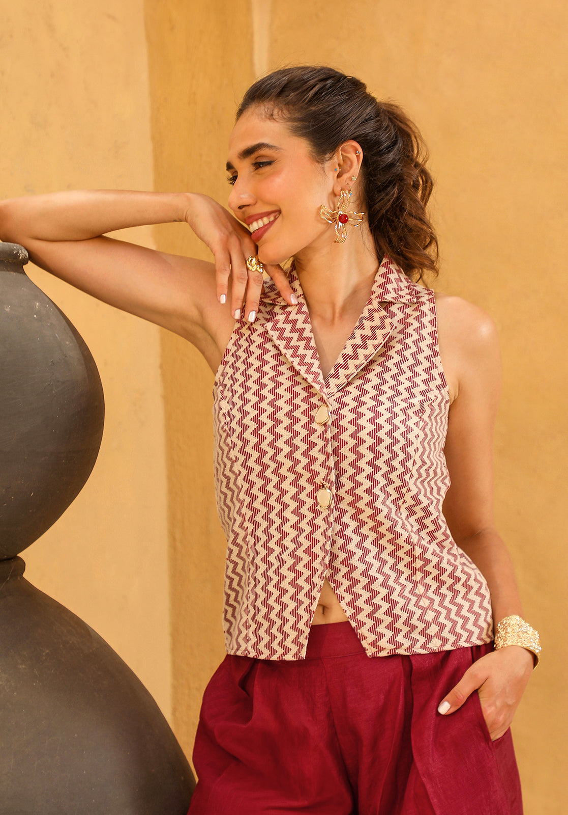 Geometric Woven Sleeveless Shirt Collar Maroon Co-ord Set