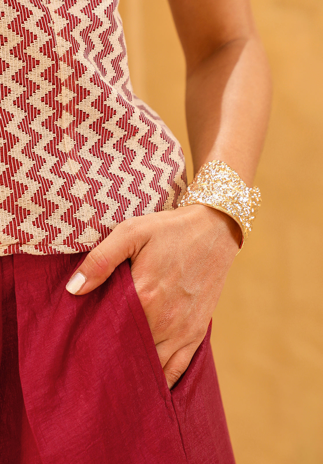 Geometric Woven Sleeveless Shirt Collar Maroon Co-ord Set