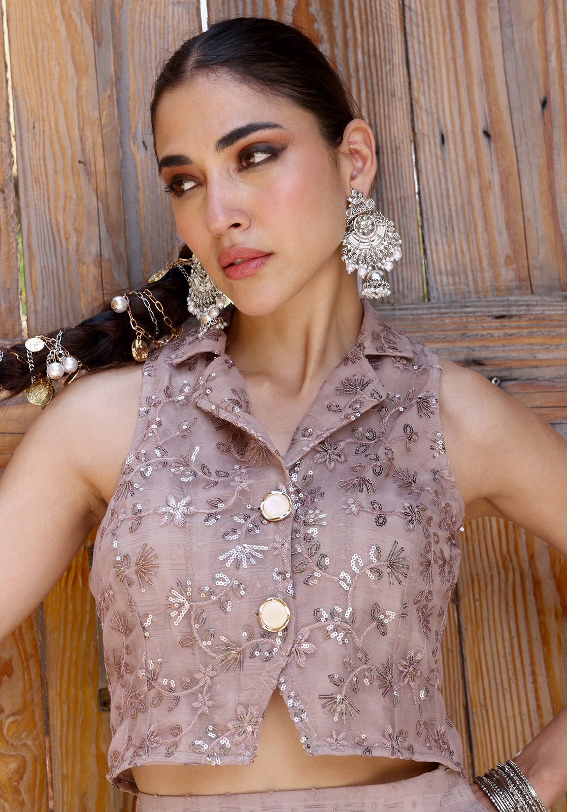 Embroidered Sleeveless Shirt Collar Georgette Mauve Co-ord Set