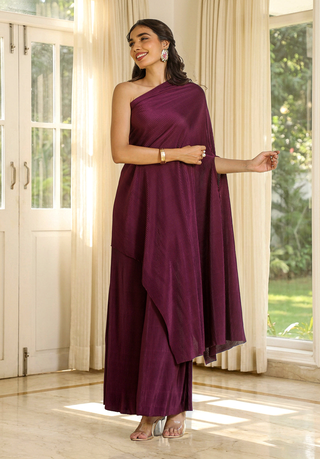 Textured Pleated One Shoulder Sleeveless Wine Co-ord Set