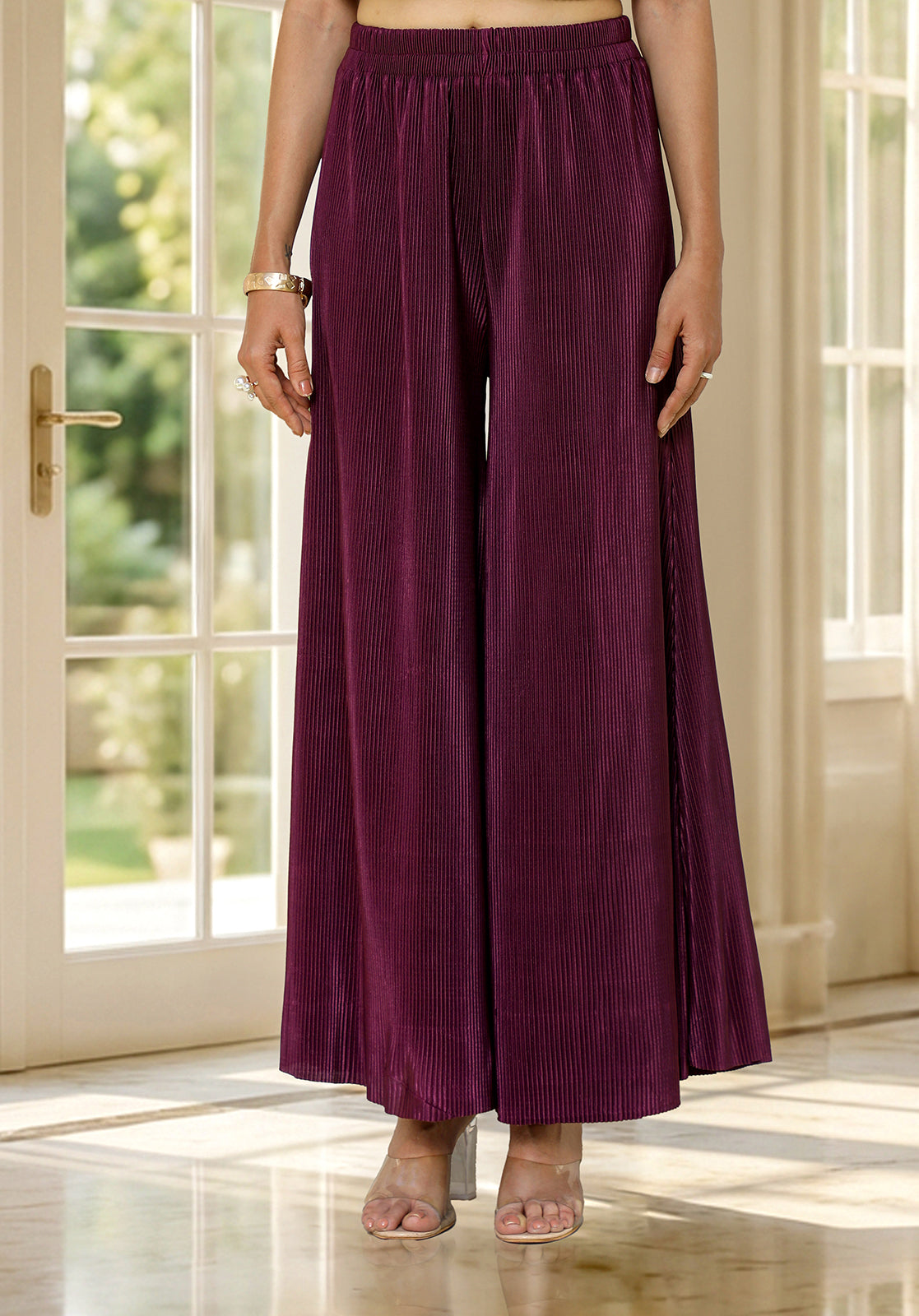 Textured Pleated One Shoulder Sleeveless Wine Co-ord Set