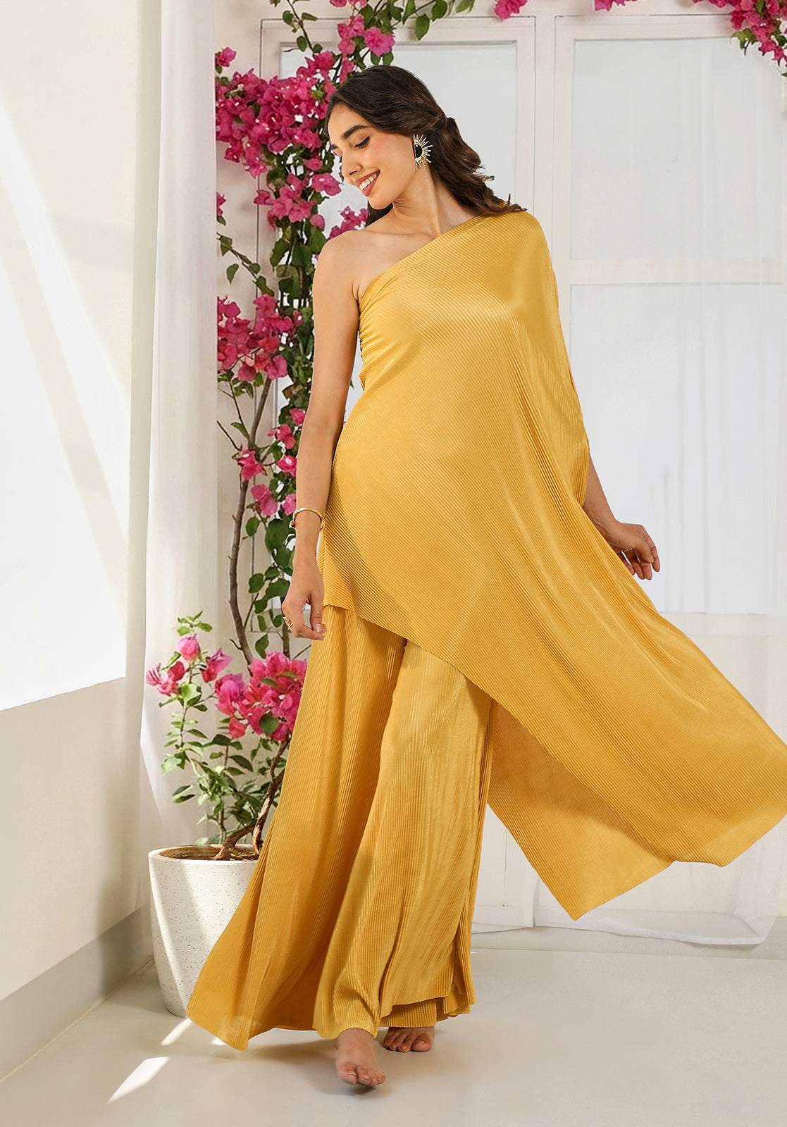 Micro-Pleated Sleeveless One-Shoulder Palazzo Mustard Co-ord Set