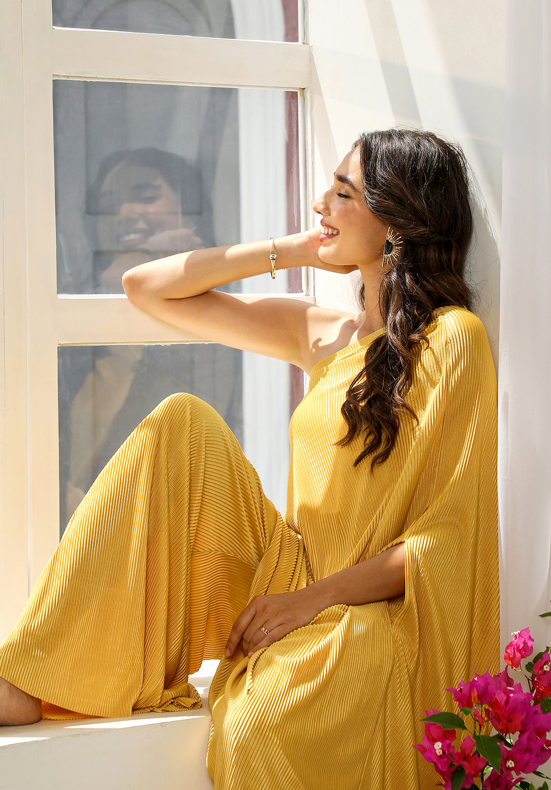 Micro-Pleated Sleeveless One-Shoulder Palazzo Mustard Co-ord Set