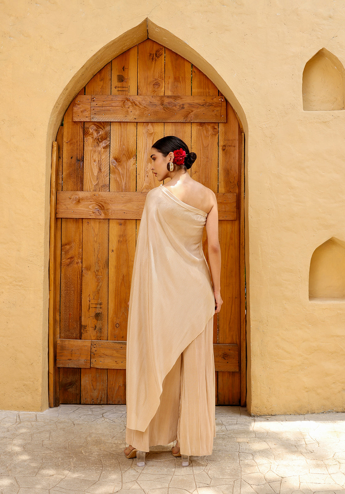 Solid One Shoulder Sleeveless Accordion Pleated Beige Co-ord Set