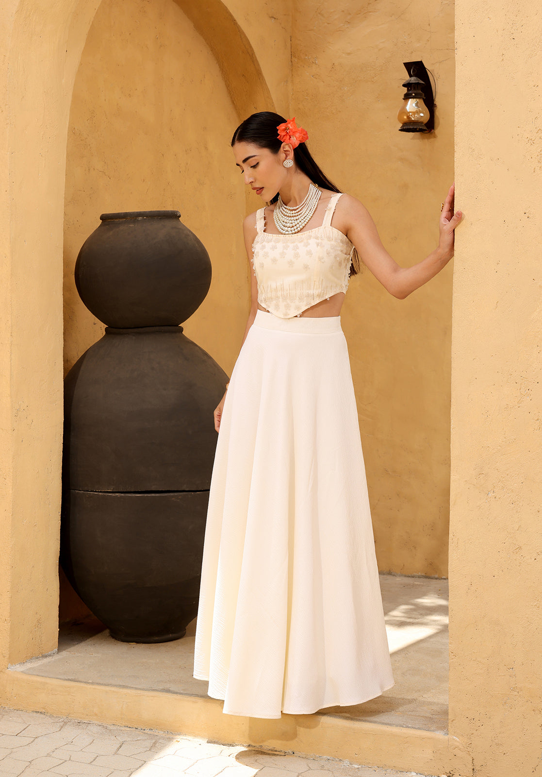 Cream Polyblend Lehenga Choli Set