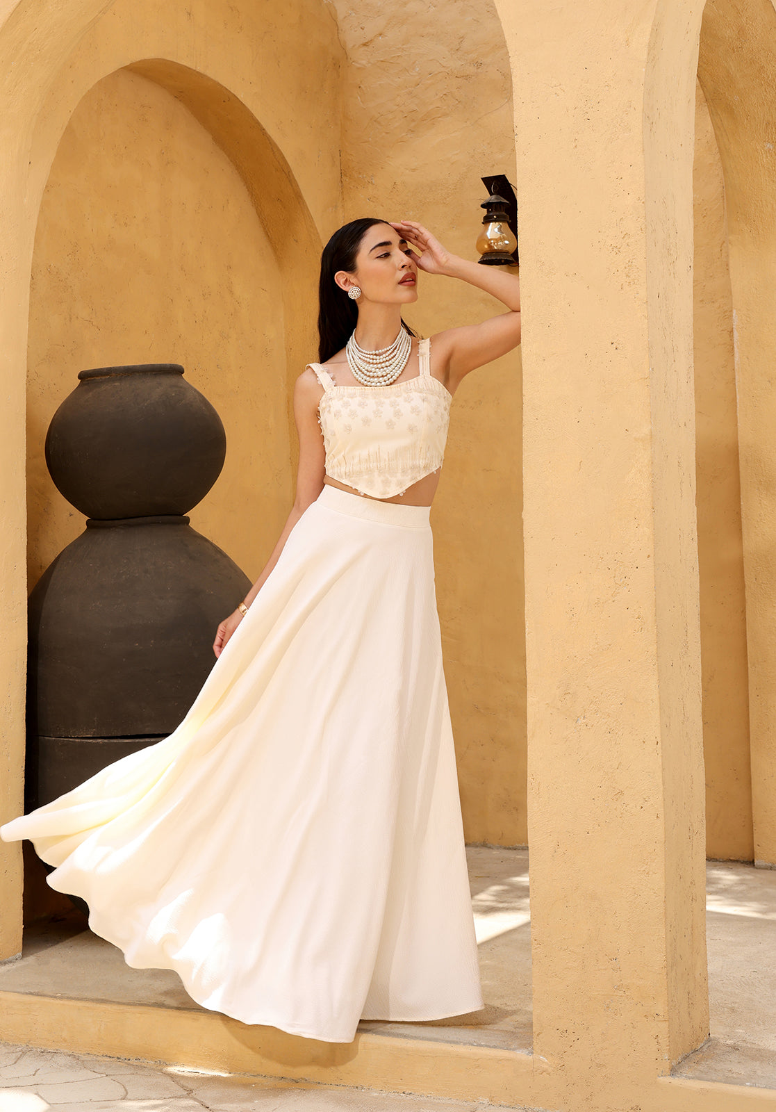 Cream Polyblend Lehenga Choli Set